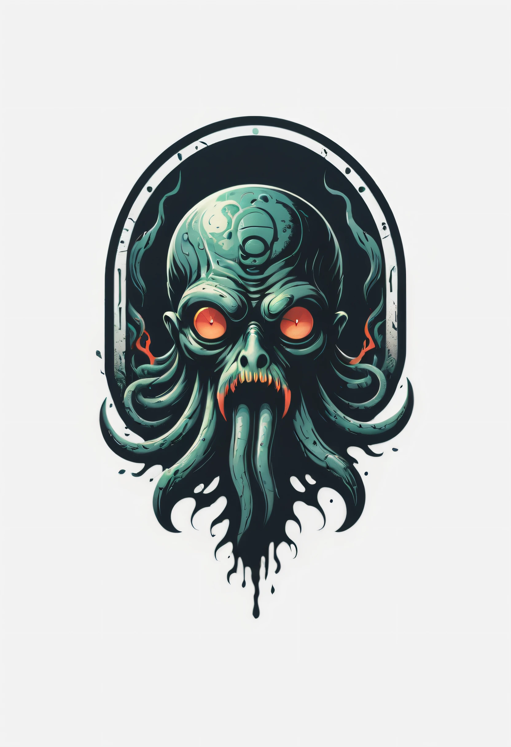 Lovecraftian horror logo design,t shirt design,beefy style,design only,white background,no model,professional,high contrast,high-res,ultra-detailed,vivid colors,metallic accents,sharp focus,edgy,dynamic composition,gritty texture,rough brush strokes,mechanical elements,chrome effect,classic typography,retro style,distressed look,aggressive lines and curves,3D rendering,striking visual impact,dark shadows,strong branding presence,monochromatic palette,industrial aesthetic