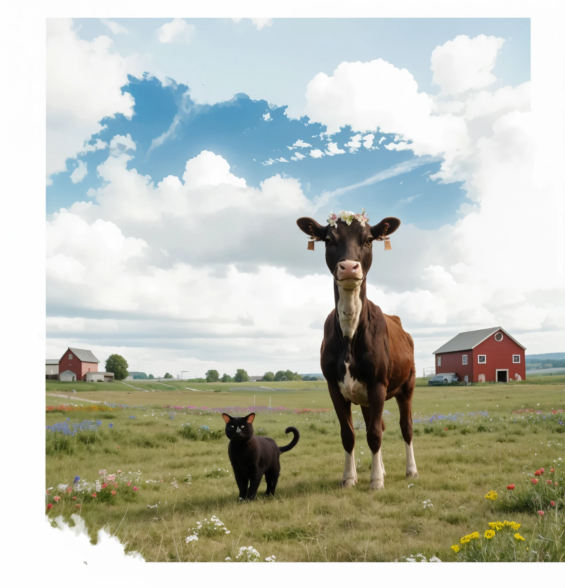 brown cow on grass with flowers in their hair, black cat drinking milk, standing near traditional red barn, fields and wildflowers in the distance, pet animal,