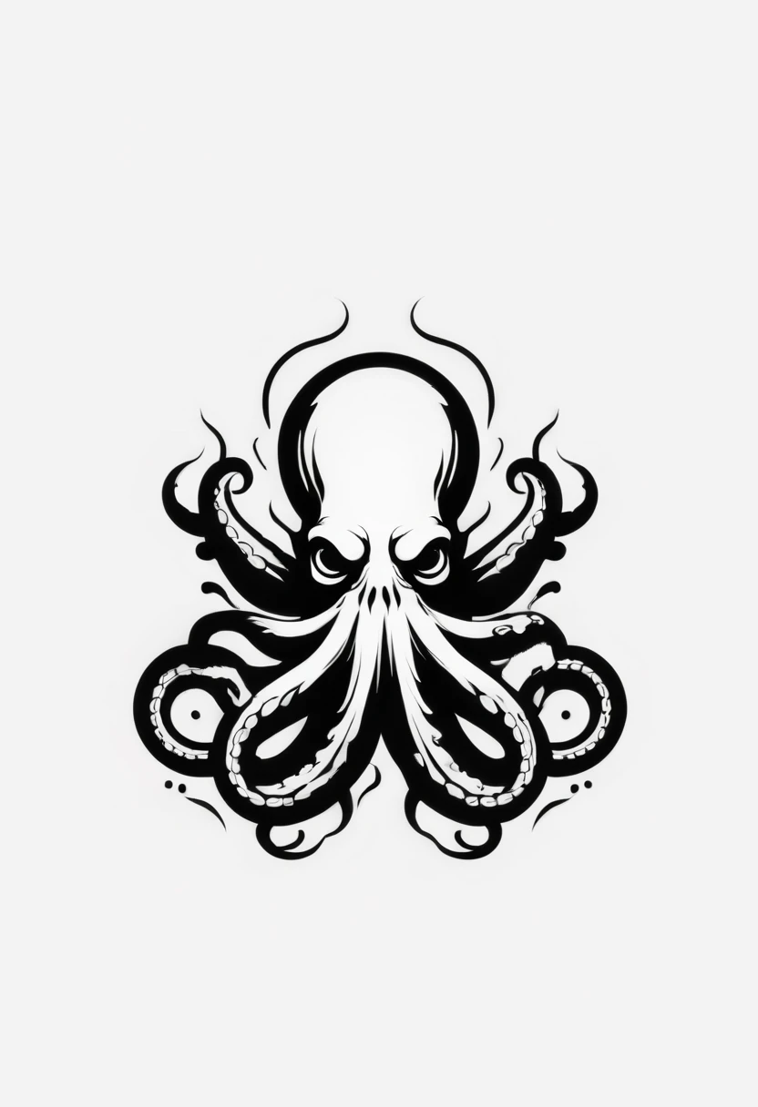 Lovecraftian Octopus logo design,t shirt design,beefy style,design only,white background,no model,professional,high contrast,high-res,ultra-detailed,vivid colors,metallic accents,sharp focus,edgy,dynamic composition,gritty texture,rough brush strokes,mechanical elements,chrome effect,classic typography,retro style,distressed look,aggressive lines and curves,3D rendering,striking visual impact,dark shadows,strong branding presence,monochromatic palette,industrial aesthetic