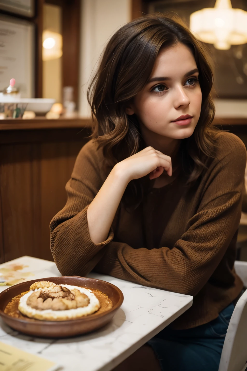 there is a woman with brown hair sitting at a table, a pastel inspired by Elsa Bleda, tumblr, antipodeans, cute girl with messy medium hair, with brown hair, brown hair, short brown hair, brown girl, brown medium hair, light brown hair, anna nikonova aka newmilky, instagram model, brown straight hair, brown wispy hair