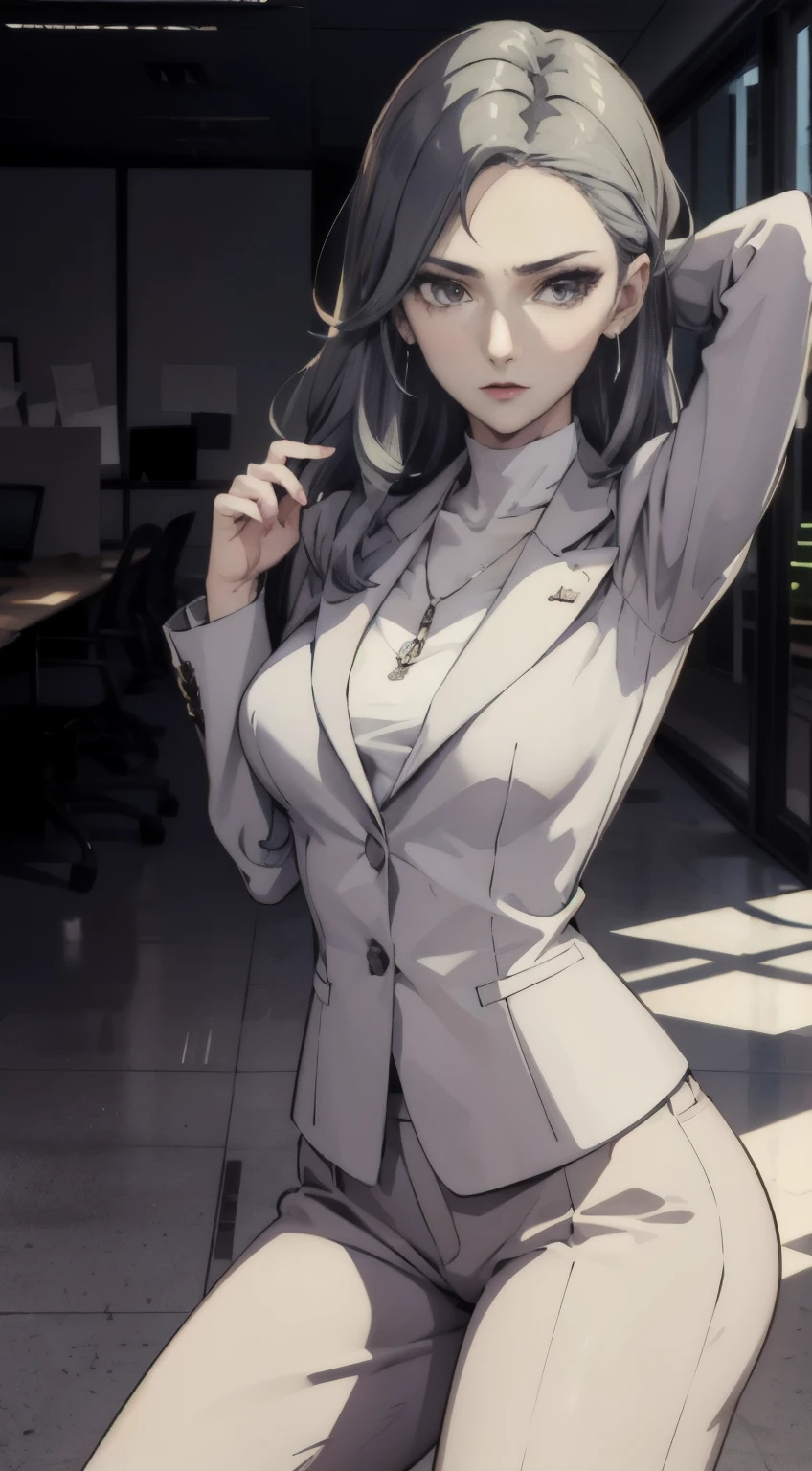 (((masterpiece))) Sae Niijima Possessed, wearing an office lady suit, long pants, in an office, standing, tired looks, bright