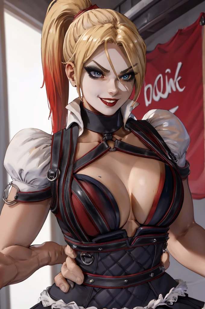 Arafe woman solo with ponytail hair、Fighting Game Fighter、Fitness Model、Wearing metallic red combat uniform、slim and long legitimate body shape、(Sharp Focus:1.5), Photo, attractive young woman, (Beautiful face:1.1), Detailed eyes, luscious lips, (smokey eye makeup:0.85), (large full breasts:1.5), (athletic bodies:1.5), Five-fingered、two-armed、nippless、half-pants、White belt、Dynamic pose and mischievous smile