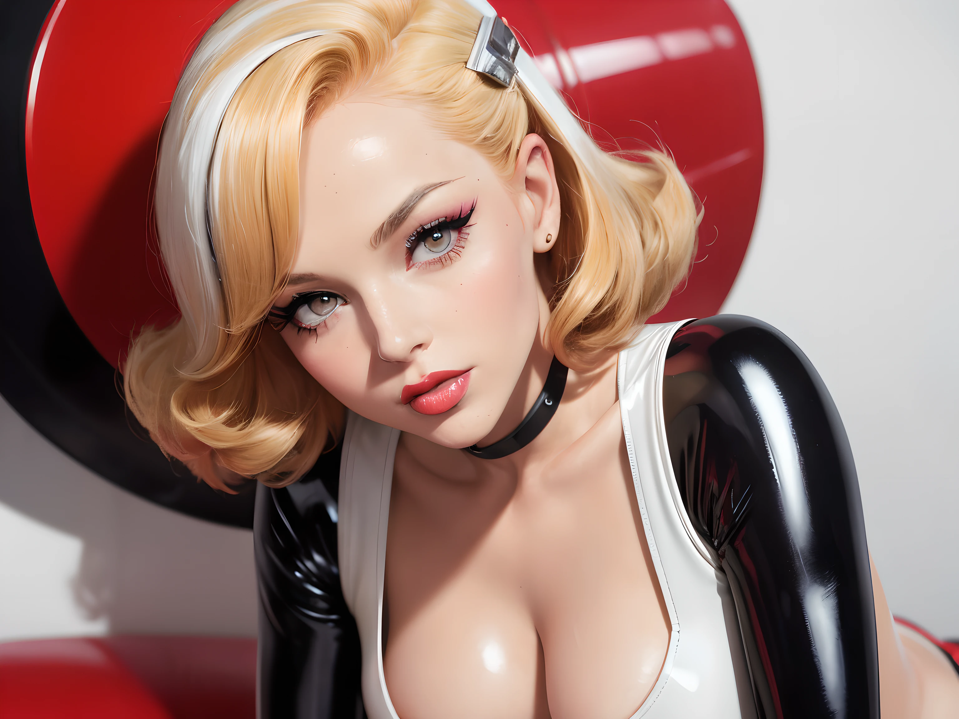 (((Masterpiece))) redhead woman with short hair in (((dressed in 1950's or 1960's pulp sci fi costume, Spy look, Black and White latex, White latex))) , a photo by Allan Linder, flickr, pop art, hair, 60s style, 60s style, brigitte bardot, 1960s style, retro 60s fashion, poppy, cut, medium yellow blond hair, pixie, redhead hair, sexy pose, small breast, beautiful sexy look, sweet lips, hard nipples, pink nipples, red lips, Double flick lined eyes, rock and roller makeup, lustful look, sexy eyes, red flat background,