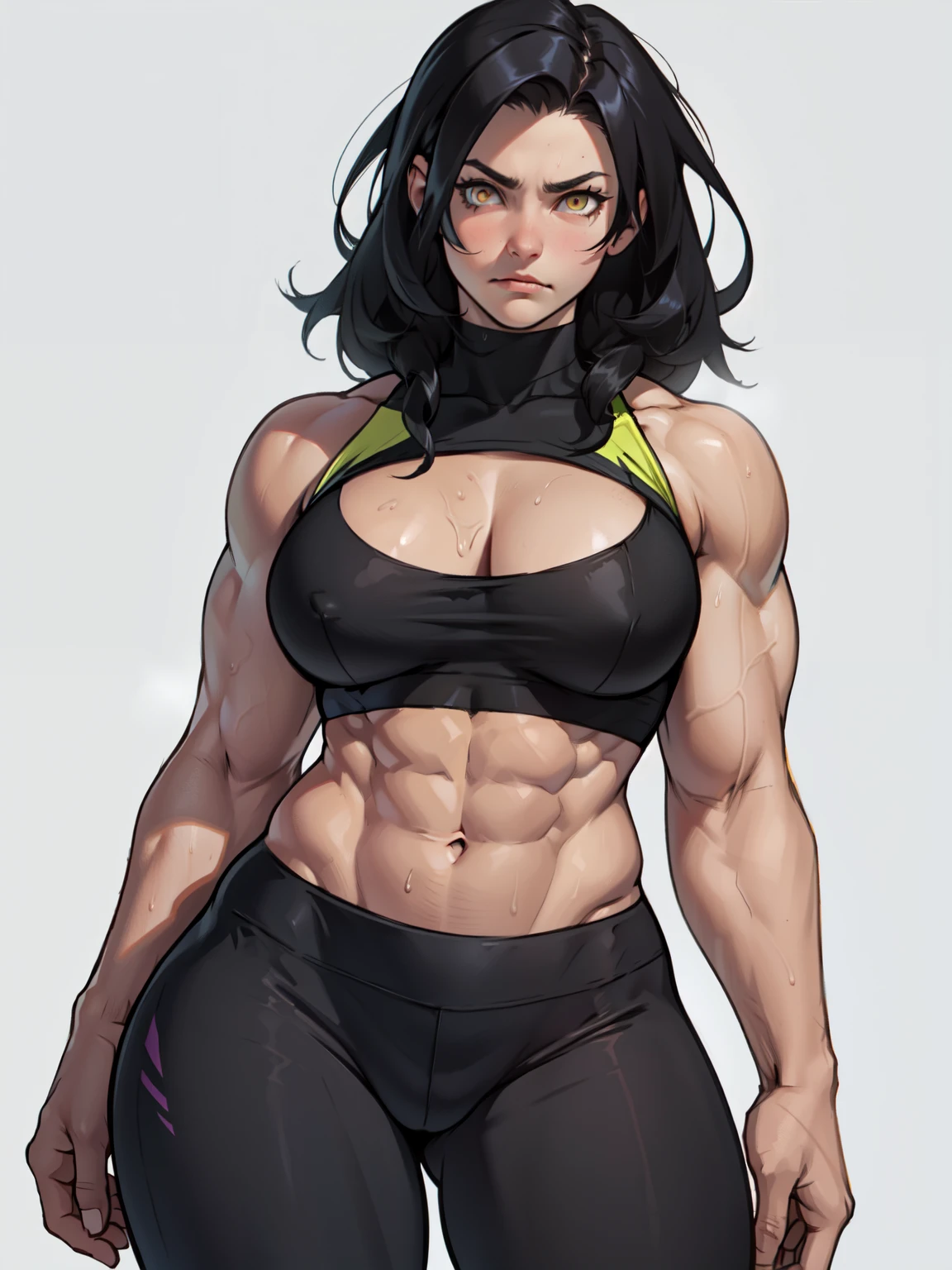girl ((((muscular girl large breasts thick)))) pale skin black hair yellow eyes sad thin waist thin waist thin waist thin waist thin waist sweaty long abs long abs long abs long abs leggings simple background