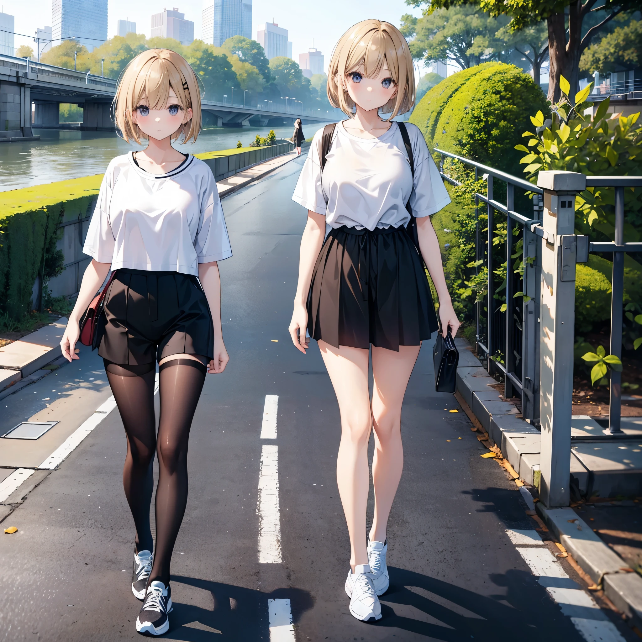 Two Japanese adult women A and B sightseeing in a park along the Sumida River、A has long, loose dark brown hair.、B has light blonde hair with loose lob hair and short bob.、they are wearing casual clothes、A is wearing an oversized white hoodie, a black skirt, and black knee-length stockings.、B is wearing an oversized T-SHIRT and shorts.、I'm wearing black sneakers with white laces、2 people are looking at this