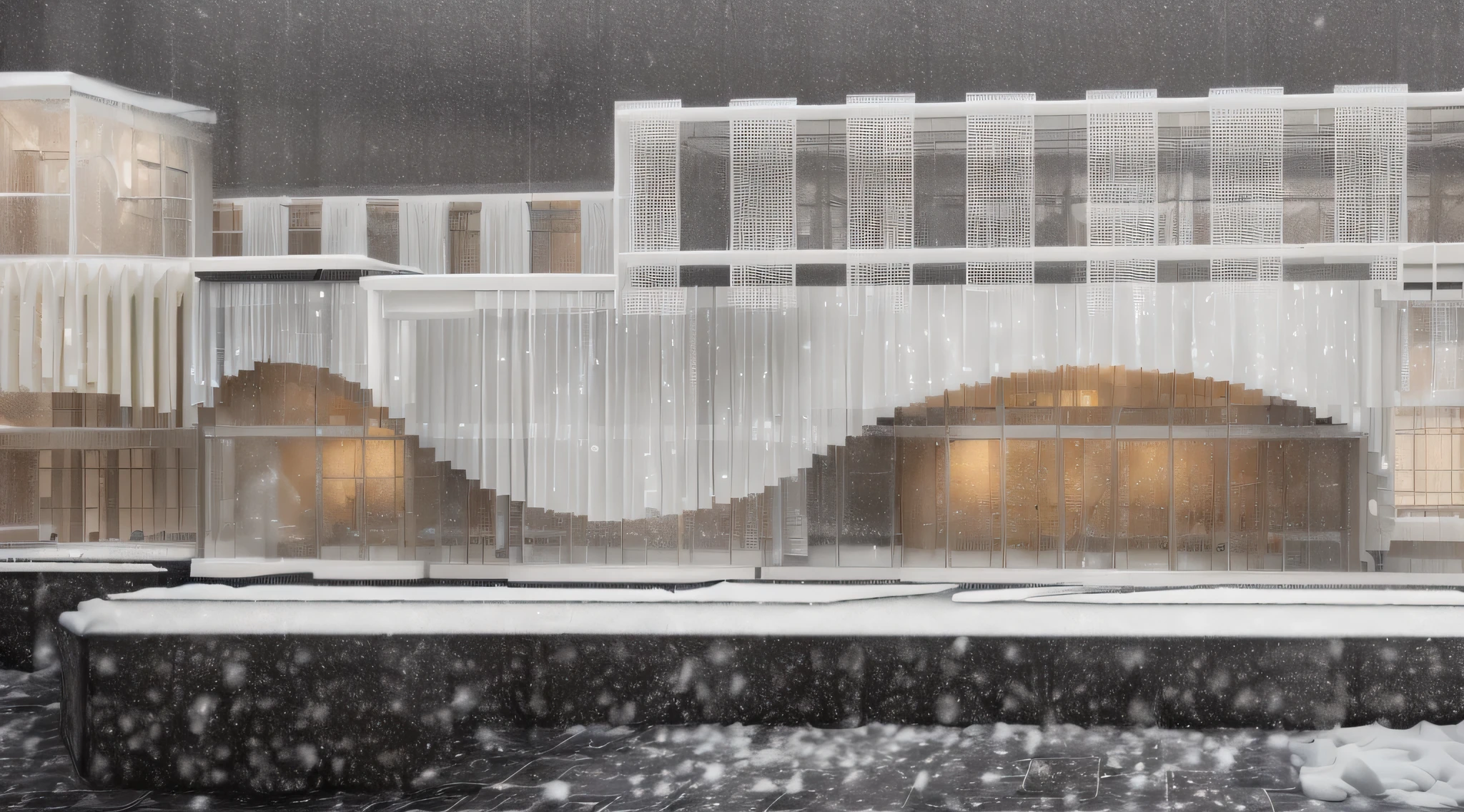 render vray, ((architectural structure)), weather context: it's snowing,((window display fashion display)),((window display )) , !((no changes to the structure))
