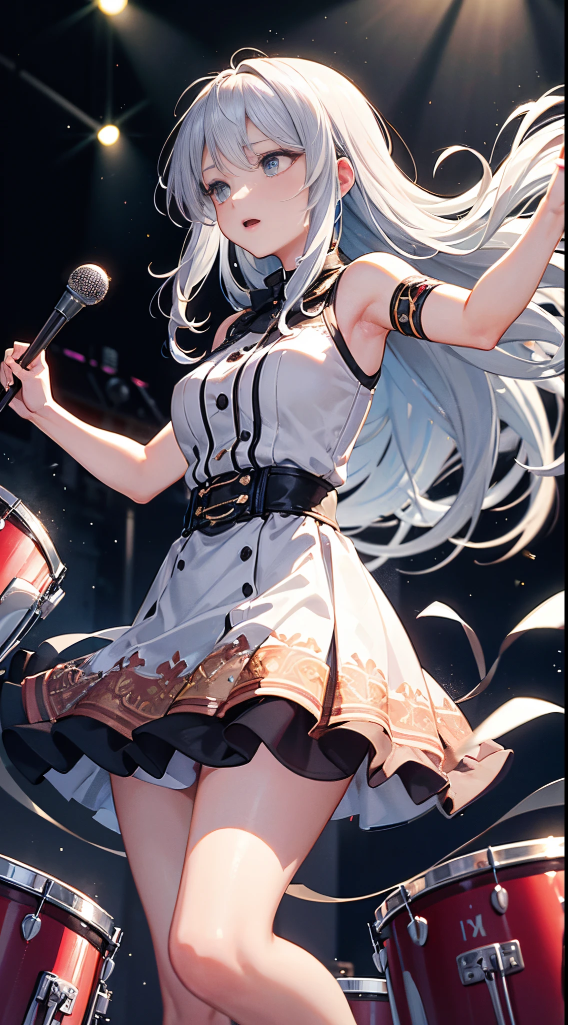 This illustration features a silver-haired girl with medium-length hair playing the drums on stage. She confidently swings the drumsticks, surrendering herself to the music. Her silver hair dances lightly as she exudes a vibrant and energetic presence while performing. The stage lighting illuminates her, and the cheers of the audience echo in the background. The illustration captures the magical moment when music fills the air through her drumming. Her passion and talent shine through the entire artwork, captivating the hearts of those who behold it.