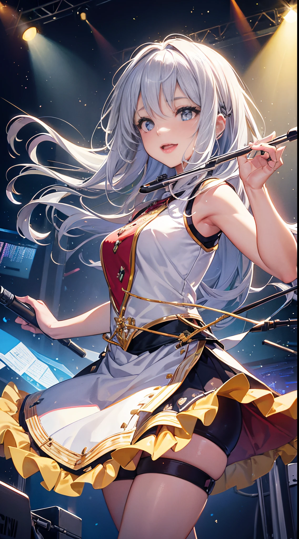 This illustration features a silver-haired girl with medium-length hair playing the drums on stage. She confidently swings the drumsticks, surrendering herself to the music. Her silver hair dances lightly as she exudes a vibrant and energetic presence while performing. The stage lighting illuminates her, and the cheers of the audience echo in the background. The illustration captures the magical moment when music fills the air through her drumming. Her passion and talent shine through the entire artwork, captivating the hearts of those who behold it.