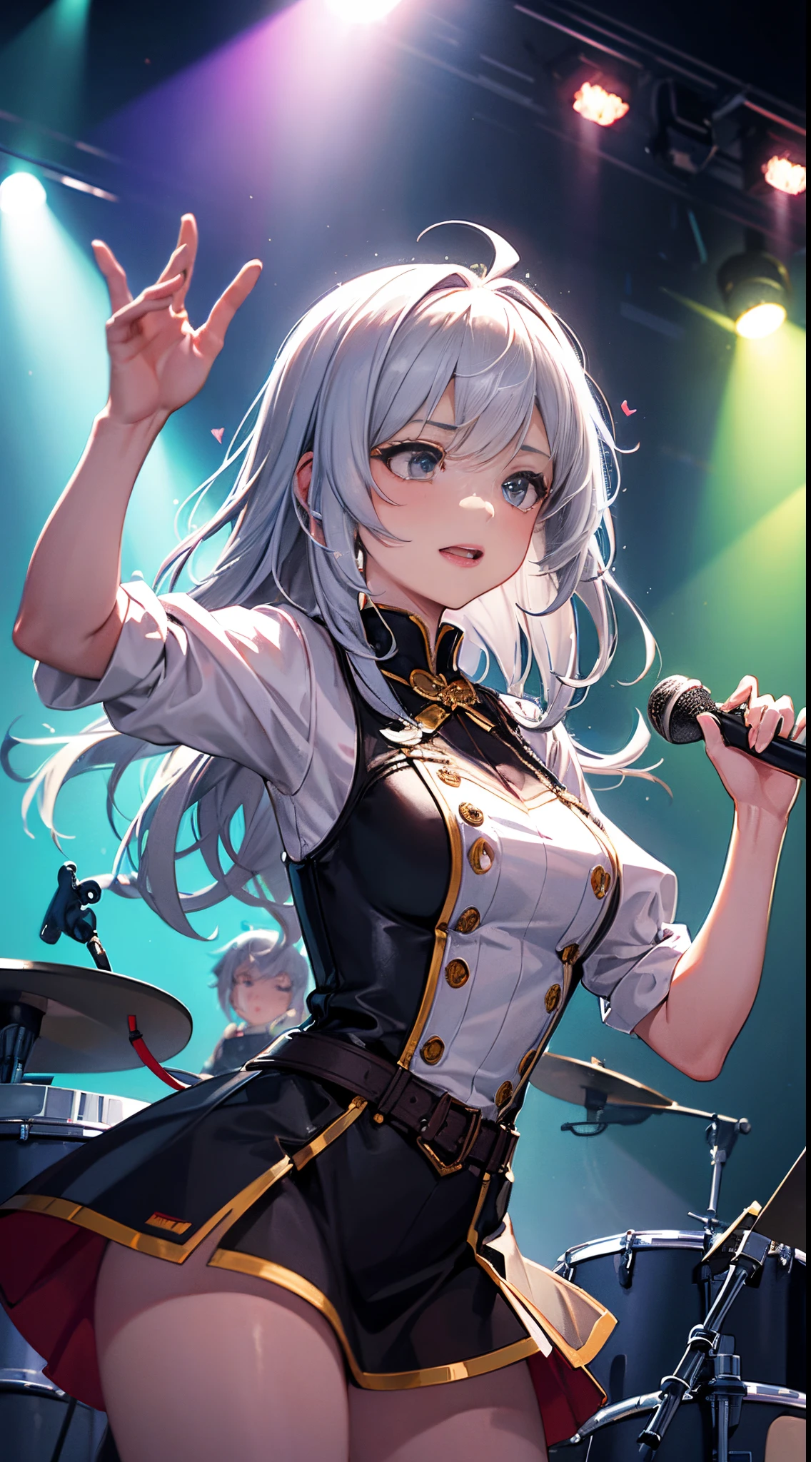 This illustration features a silver-haired girl with medium-length hair playing the drums on stage. She confidently swings the drumsticks, surrendering herself to the music. Her silver hair dances lightly as she exudes a vibrant and energetic presence while performing. The stage lighting illuminates her, and the cheers of the audience echo in the background. The illustration captures the magical moment when music fills the air through her drumming. Her passion and talent shine through the entire artwork, captivating the hearts of those who behold it.