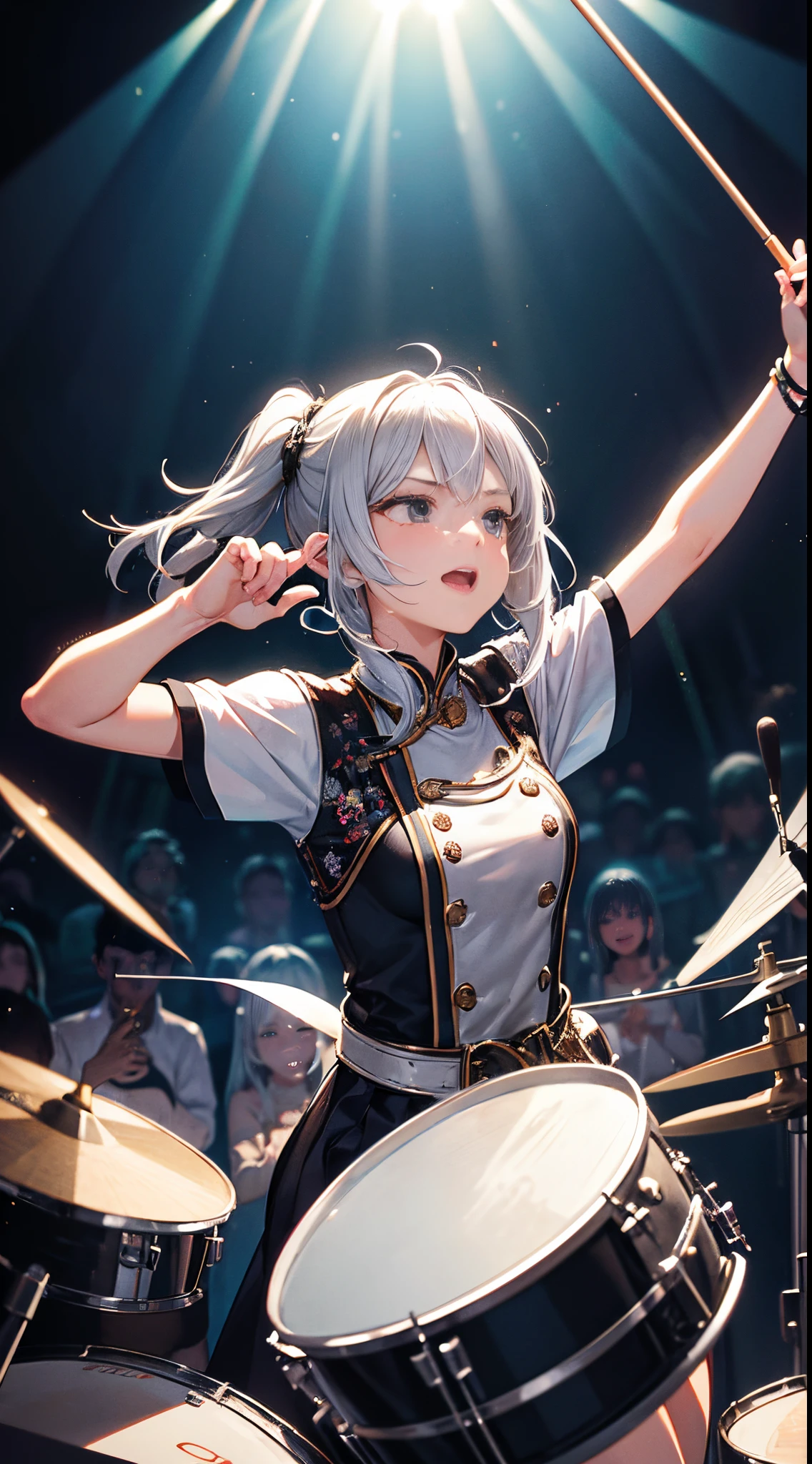 This illustration features a silver-haired girl with medium-length hair playing the drums on stage. She confidently swings the drumsticks, surrendering herself to the music. Her silver hair dances lightly as she exudes a vibrant and energetic presence while performing. The stage lighting illuminates her, and the cheers of the audience echo in the background. The illustration captures the magical moment when music fills the air through her drumming. Her passion and talent shine through the entire artwork, captivating the hearts of those who behold it.