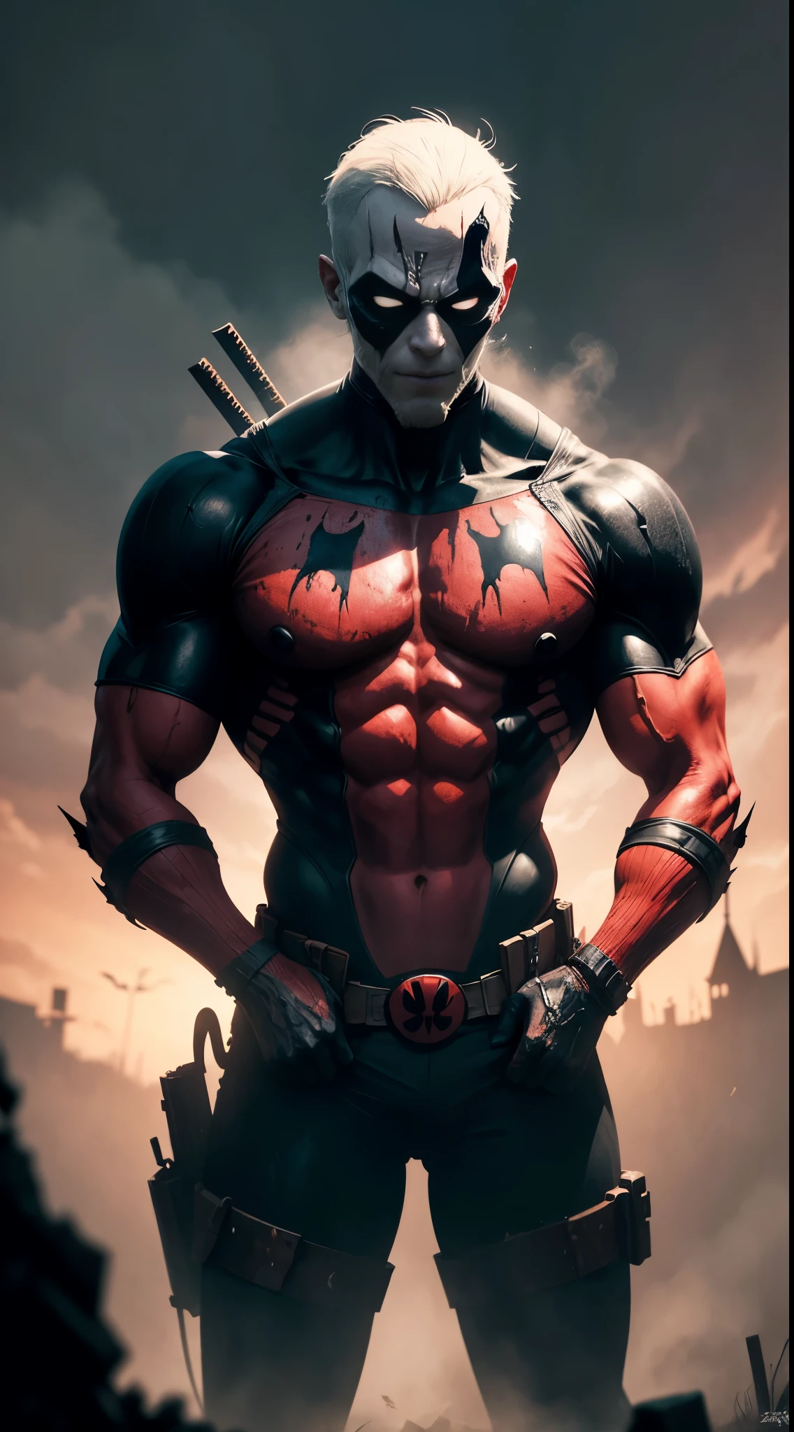 Stunning illustration, zombie Deadpool emerges from the darkness with a skeletal, decomposed figure, wrapped in his iconic red and black suit, ahora desgastado y desgarrado. Their pale, decomposed skin shows visible bones in some areas, while muscles, mostly consumed, apenas sostienen su estructura. Sus ojos, una vez vivaces, now they are empty and opaque, surrounded by dark circles that accentuate their macabre nature.El traje, manchado de sangre seca y mugre, cuelga de su cuerpo en jirones, revelando hueso y carne muerta en varios puntos. Aunque su aspecto es espeluznante, Arachnid agility is still discernible in its hunched posture and in the remains of cobwebs clinging to its body..paisaje nocturno y siniestro, con una luna llena brillante pero distorsionada, rodeada de nubes ominosas y tormentosas. Faint rays of light filter through the clouds, bathing the zombie Deadpool in spectral illumination.