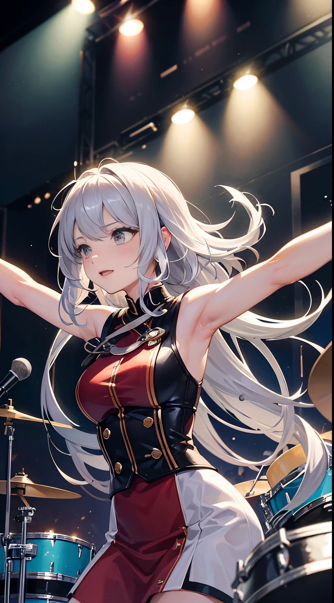 This illustration features a silver-haired girl with medium-length hair playing the drums on stage. She confidently swings the drumsticks, surrendering herself to the music. Her silver hair dances lightly as she exudes a vibrant and energetic presence while performing. The stage lighting illuminates her, and the cheers of the audience echo in the background. The illustration captures the magical moment when music fills the air through her drumming. Her passion and talent shine through the entire artwork, captivating the hearts of those who behold it, smile,