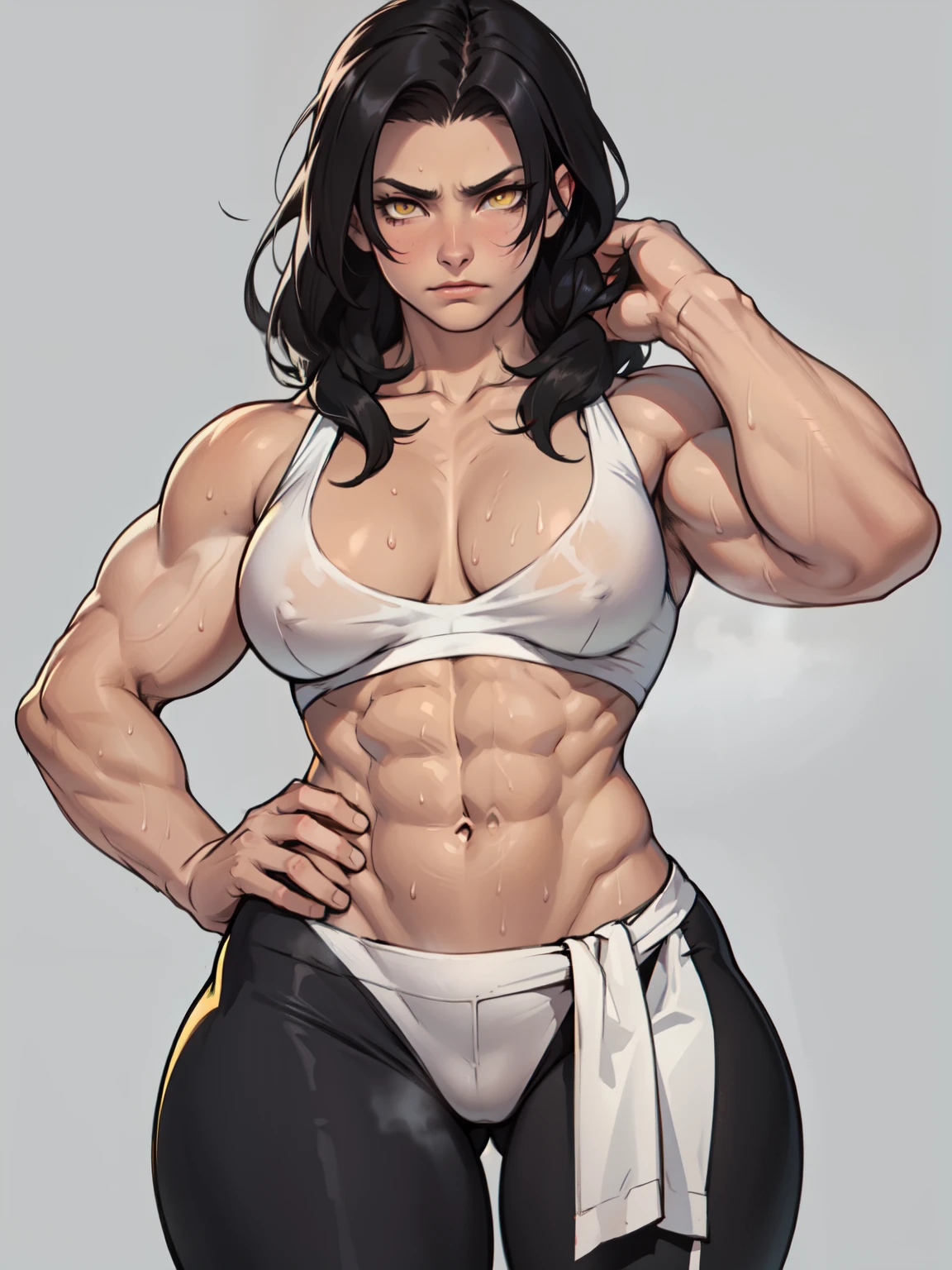 girl ((muscular girl large breasts thick)) sad pale skin black hair yellow eyes sad thin waist thin waist thin waist thin waist thin waist sweaty long abs long abs long abs long abs leggings simple background