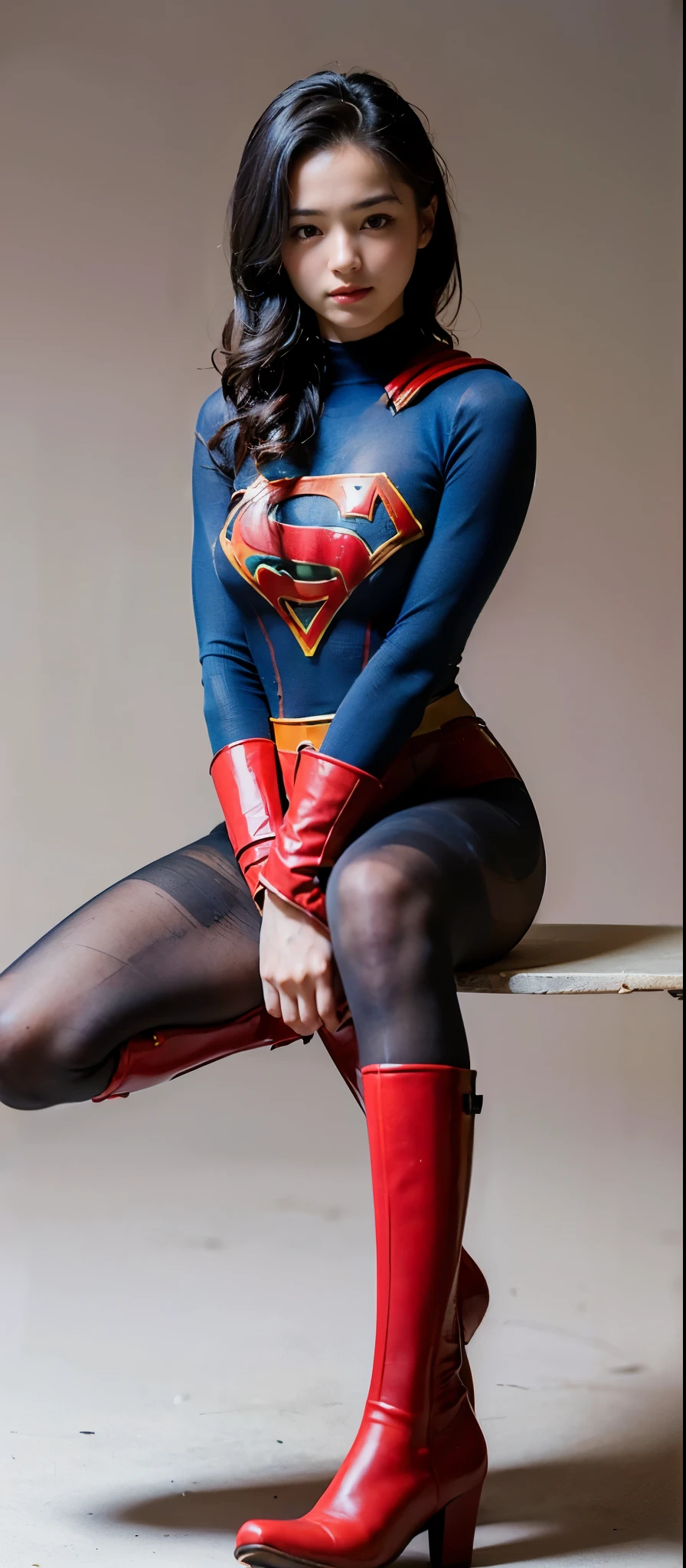 No background、Are sleeping、lying back on、(((Wear black tights on your beautiful legs.)))、(((Grow legs、tall、Legally express the beauty of your smile)))、((((Make the most of the original image)))、(((Supergirl Costume)))、(((beautiful hairl)))、(((Suffering)))、(((Feet must necessarily be worn with black tights)))、(((You need to wear red boots)))、((Top image quality、8K))、((top-quality、8K、​masterpiece:1.3))、(((Keep Background )))、Crisp focus:1.2、Beautiful woman with perfect body shape:1.4、Slender Abs:1.2、a wet body:1.5、Highly detailed facial and skin texture、8K