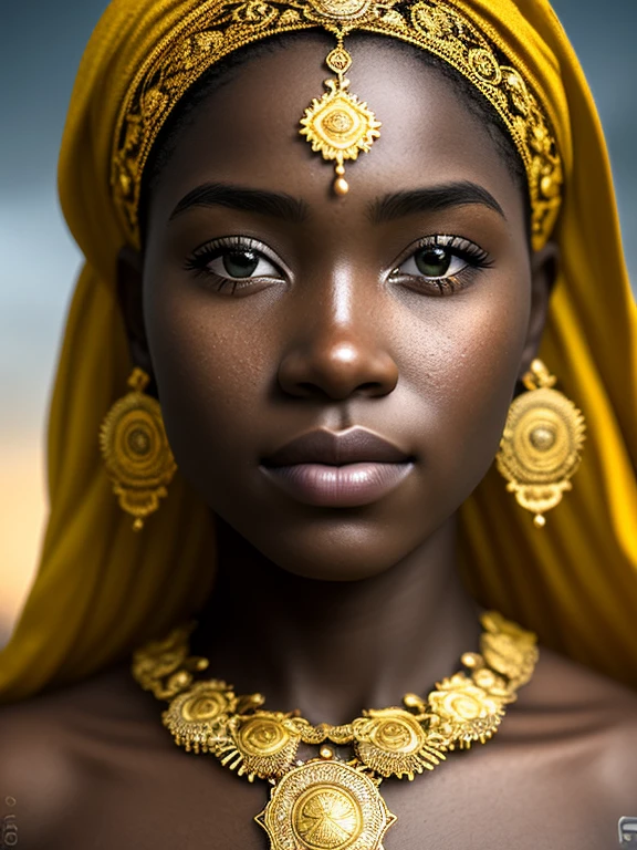 (Obra maestra) An insanely detailed photo of an extremely beautiful and black Mujer made out of gold broken pieces, con ojos dorados, En el estilo del bio arte, Metalicidad en bruto, Dominio en blanco y negro, Influencia africana dorada, color puro, primer plano, Mujer, Foto de archivo, Obra maestra, La mejor calidad, alta calidad, fondo de pantalla extremadamente detallado de CG Unity 8k, paisaje, rewarded photography, HDR, ArtStation de tendencias, Tendencias CGsociety, intrincado, High detail, cinematic lighting, beautiful Mujer, humanoide