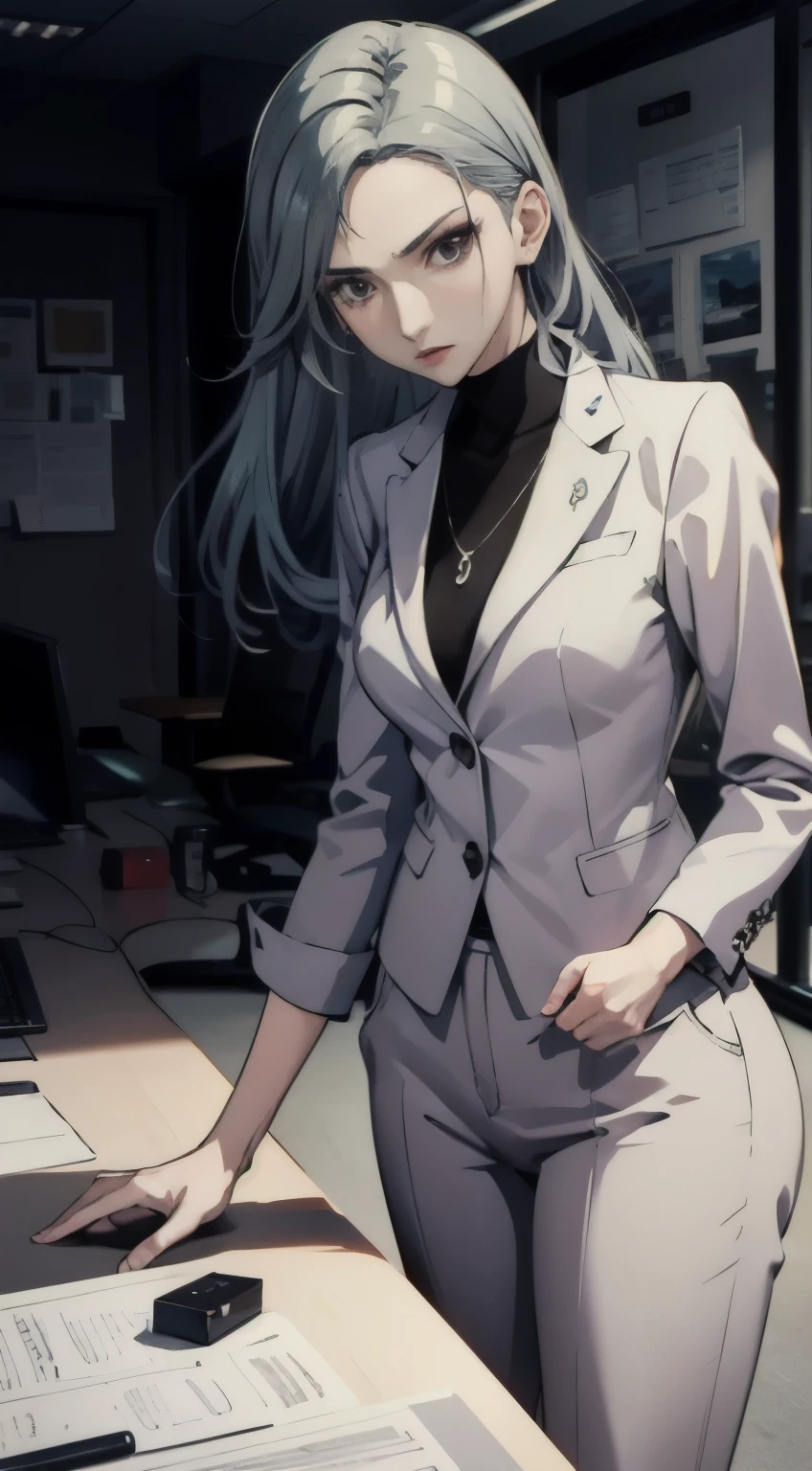 (((masterpiece))) Sae Niijima, wearing an office lady suit, long pants, in an office, standing, serious looks, bright