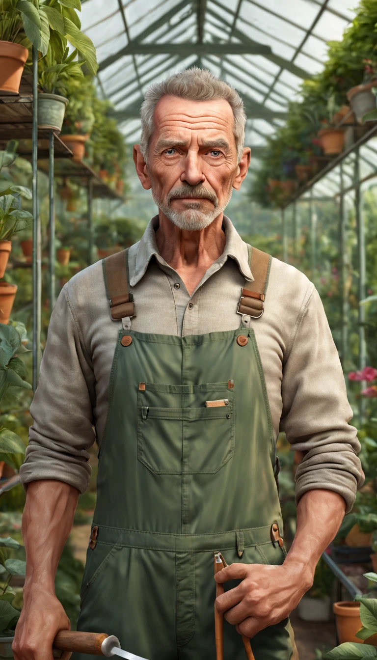 official art, unity 8k wallpaper, ultra detailed, beautiful and aesthetic, High quality, beautiful, masterpiece, best quality, (zentangle, mandala, tangle, entangle:0.6), a 50 year old man, good face, Detailed eyes, Detailed lips, short hair, Wearing a gardener's overalls, brown pants, pruning tool in hand, garden greenhouse background, Morning, Body shot entire,)