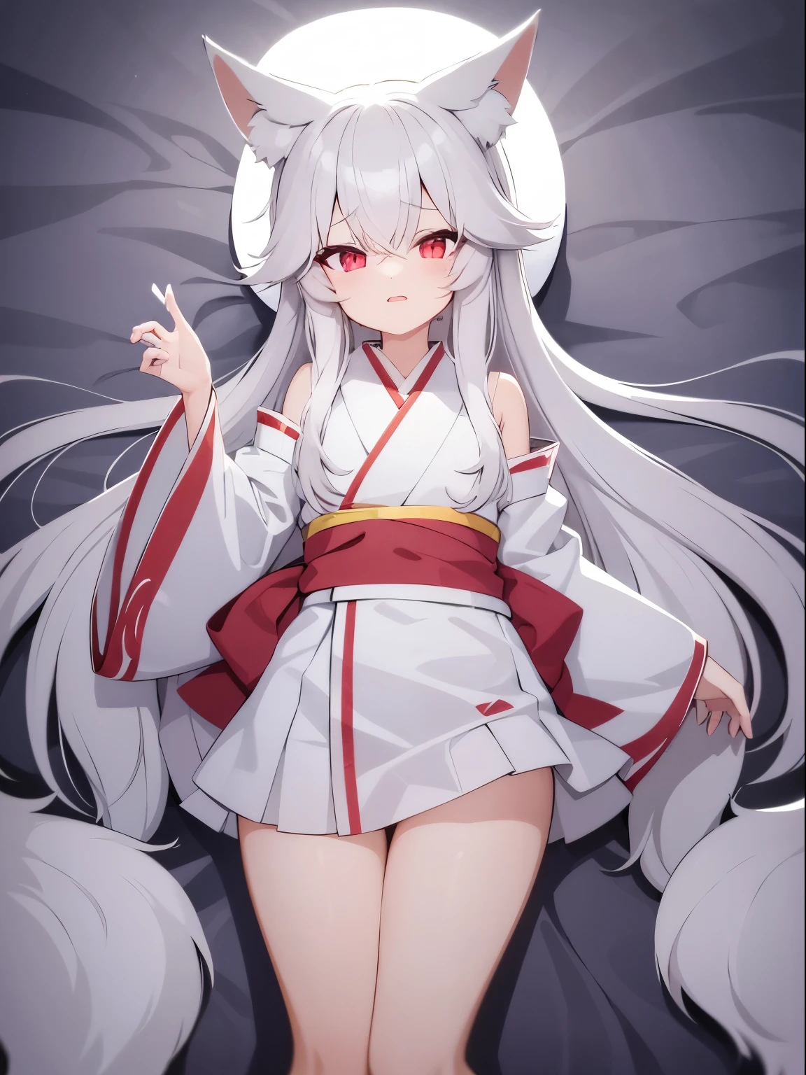 Cute anime girl, fox girl, white long hair, fox ears, red eyes, nine tail fox, soft skin, teenager, cute  kimono, very short skirt, white long socks, very large sleeves, missionary pose, POV, loose clothes