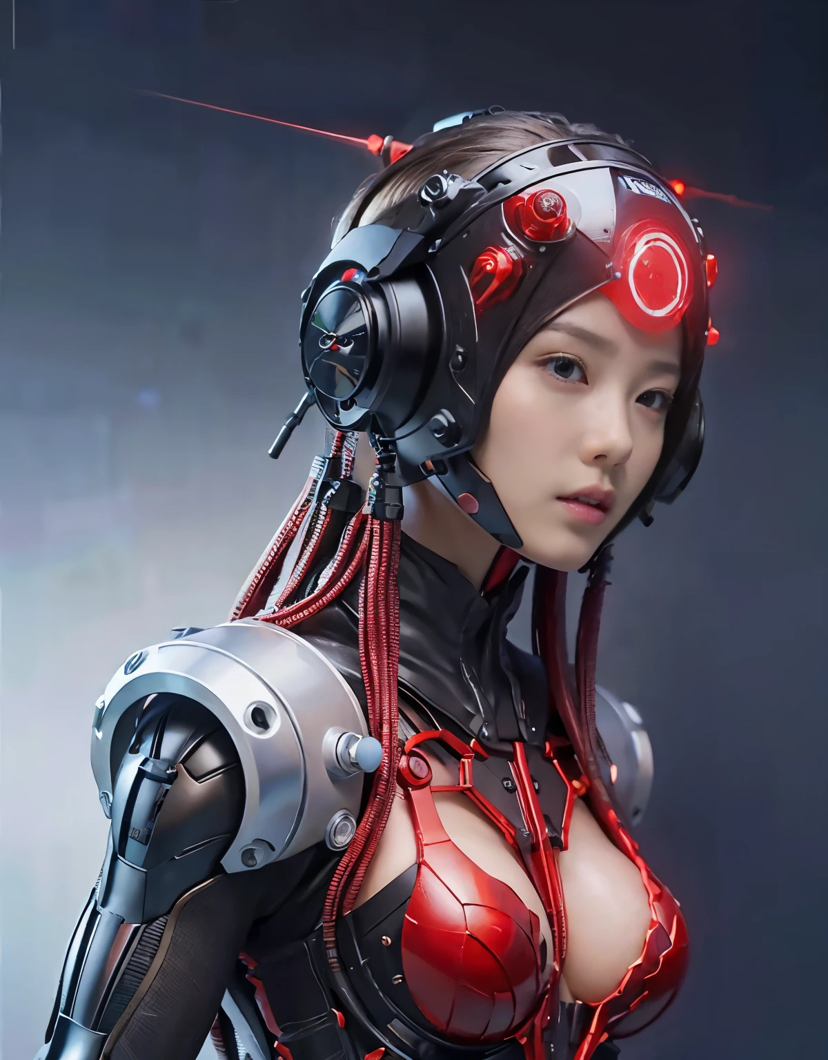 (1 mechanical girl and 1 alien)、（Mystical expression）、top-quality、​masterpiece、超A high resolution、(Photorealsitic:1.4)、((Heavy chest)),Colossal tits、Raw photo、女の子1人、glowy skin、(((1 Mechanical Girl)))、((transparent crystal suit bodysuit、The body can see through)).(Natural alien background to fight aliens)、(Small LED)、((super realistic details))),globalillumination、Shadow、octan render、8K、ultrasharp、机器人の背景、Colossal tits、Raw skin exposed in the cleavage、red metal、Details of complex ornaments、Japan details、highly intricate detail、Realistic light、(Mystical expression),CG Society Trenlow Eyes、Eyes shining towards the camera、Mechanical marginal blood vessels connected to neon detail tubes)、(Wires and cables connecting to the head)、Small LED、,Mechanical thighs、Toostock、（Hands are also made of machines）、机器人、future alien、Please wear a mechanical helmet、