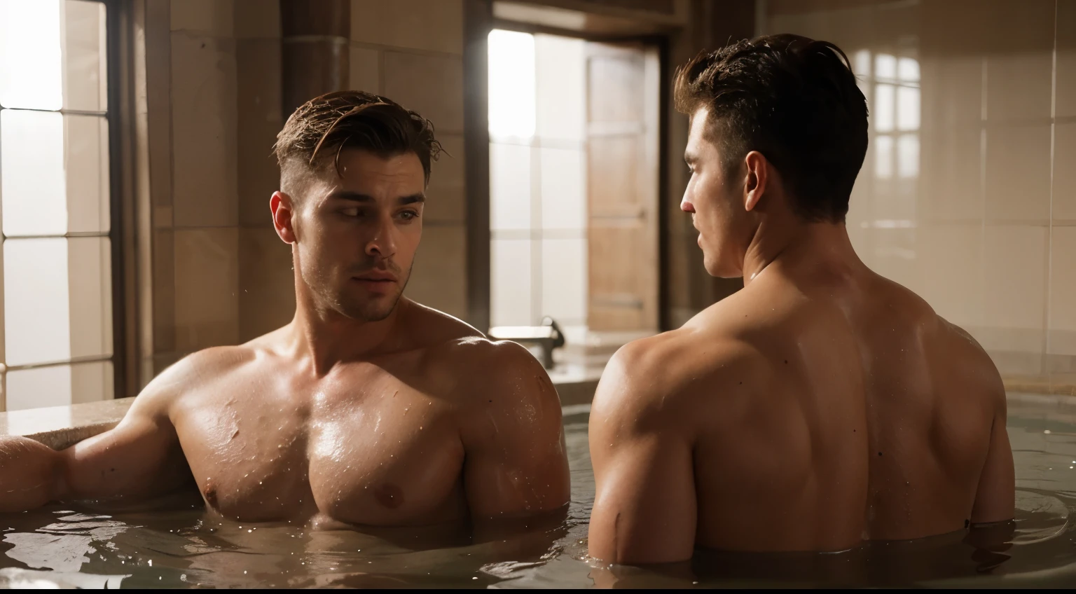 Digital painting of thee Handsome, muscular men, bonding in ancient Turkish baths.