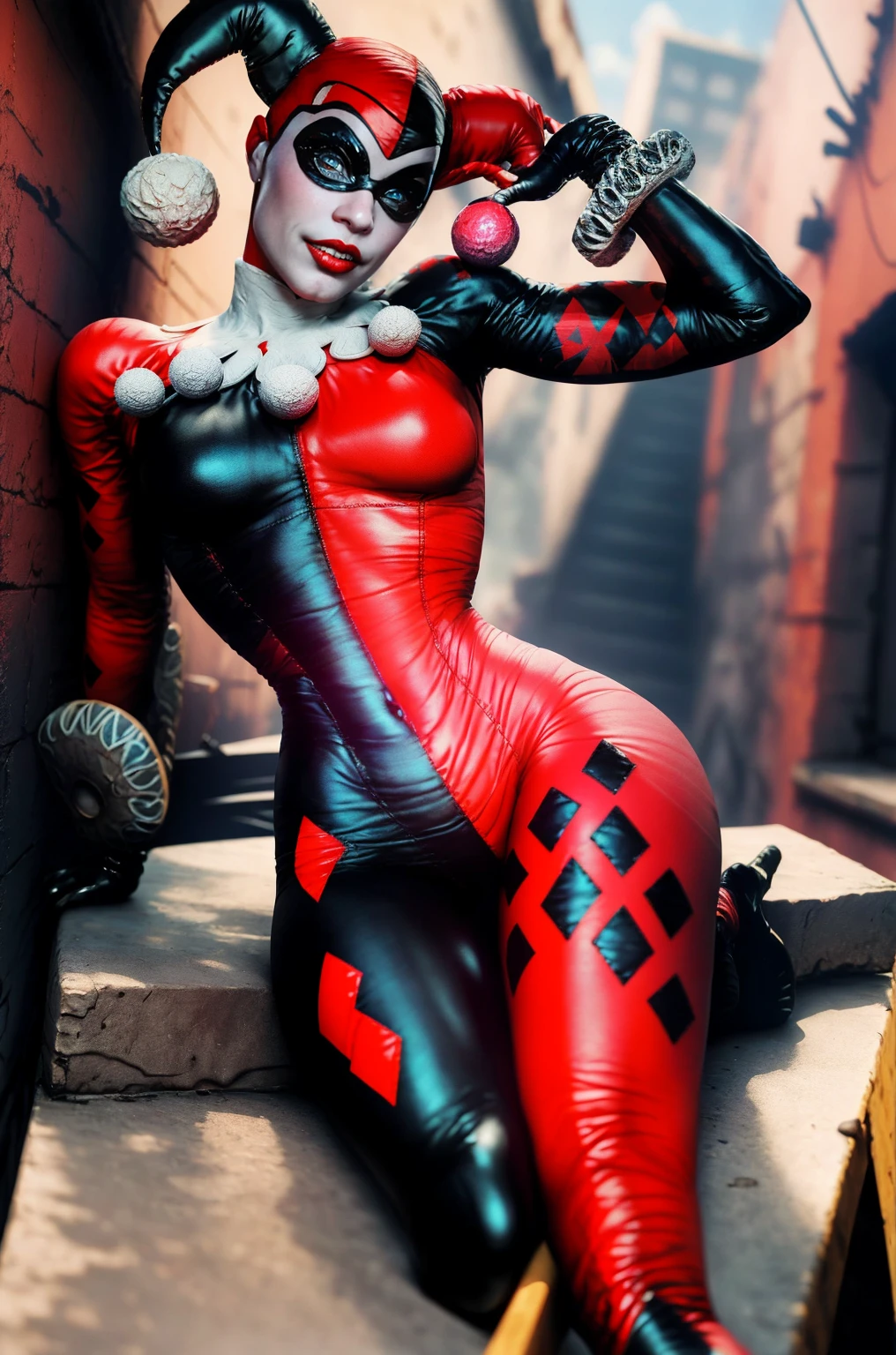 A sexy Harley Quinn from DC Comics. High-resolution artwork, vivid colors, and sharp focus. Extremely detailed face with beautiful eyes, detailed lips, and long eyelashes. Emphasize her mischievous grin and playful expression. She is wearing her iconic red and black jester outfit, with a mini-dress, fishnet stockings, and black boots. Her outfit should be vibrant and eye-catching. The background should be a dark and moody Gotham City alley with hints of neon lights and graffiti. Captivate the essence of her character, her both seductive and dangerous. The artwork should have a comic book style, with bold lines and exaggerated features, sexy, naughty, rear view