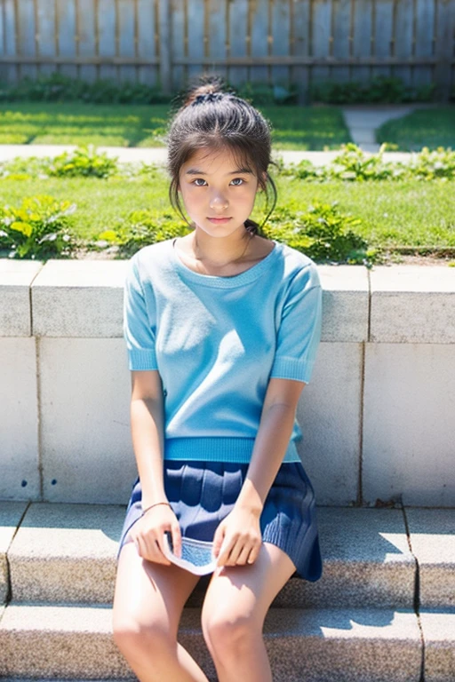 Beautiful girl wearing a light blue summer knit、terraces、、