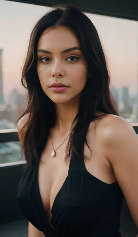 1girl, solo, jewelry, , necklace, realistic, black hair, dark braun eyes, looking at viewer, lips, no makeup, long curly hair, upper body, pink hair,slate atmosphere, cinematic, dimmed colors, dark shot, muted colors, film grainy, lut, insane details, intricate details, seductive, against a city skyline during sunset or night, emphasizing the city lights. happy, with sunglass, RAW Photo, DSLR BREAK (kkw-ph1:0.9) BREAK half body portrait of a young 20yo woman, black hair, wearing a summer dress BREAK detailed, blowing bubble gum, green bubble gum professional colorgraded