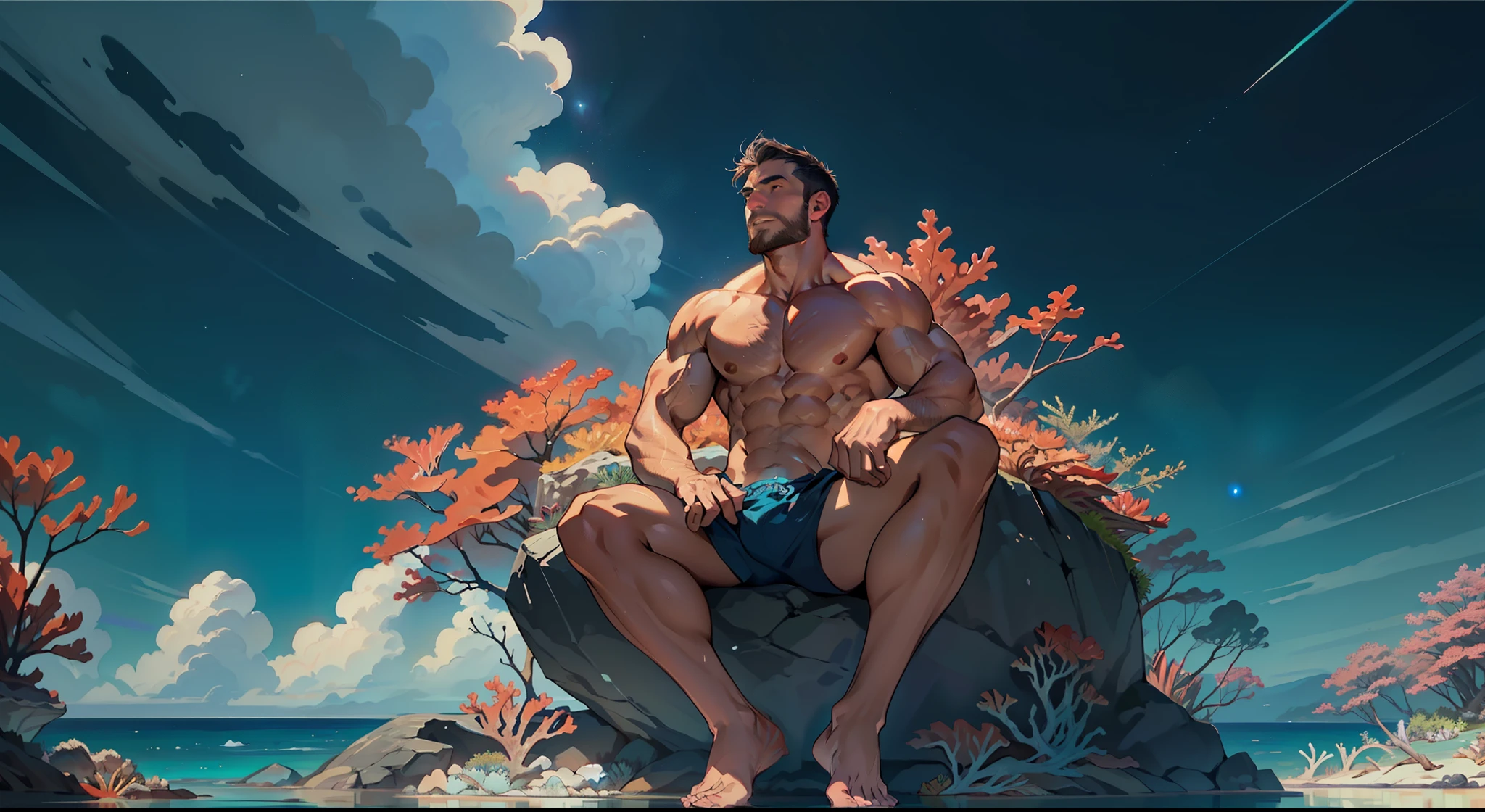 A mature male,Attractive facial features,Middle Age,(Brush cut),Slag,Muscular,vast pecs,Huge crotch bulge,Bare pectoral muscles,Briefs,Get wet,Unobstructed leg to toe,rich body hair,(Sit on the reef,Looking Up The Sky:1.5), Male gaze,intricately details,high detal,High- sharpness,High picture quality,tmasterpiece,full bodyesbian,in a panoramic view,Background with:Planet surrounding,The calm sea reflects the brilliant night sky,Blue light source,Cool color picture