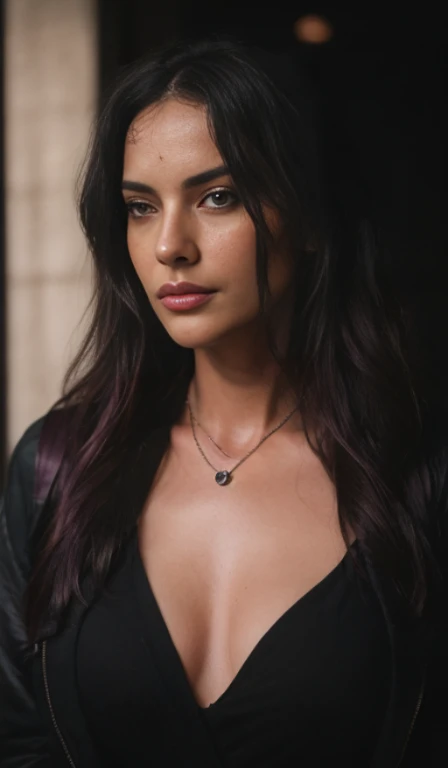 1girl, solo, jewelry, breasts, necklace, cleavage, realistic, black hair, dark braun eyes, looking at viewer, lips, no makeup, long curly hair, upper body, pink hair,slate atmosphere, cinematic, dimmed colors, dark shot, muted colors, film grainy, lut, insane details, intricate details, seductive, in street, happy, with sunglass, (highly detailed face:1.4) (smile:0.7) (background inside dark, moody, private study:1.OV, by lee jeffries, nikon d850, film stock photograph ,4 kodak portra 400 ,camera f1.6 lens ,rich colors ,hyper realistic ,lifelike texture, dramatic lighting , cinestill 800,