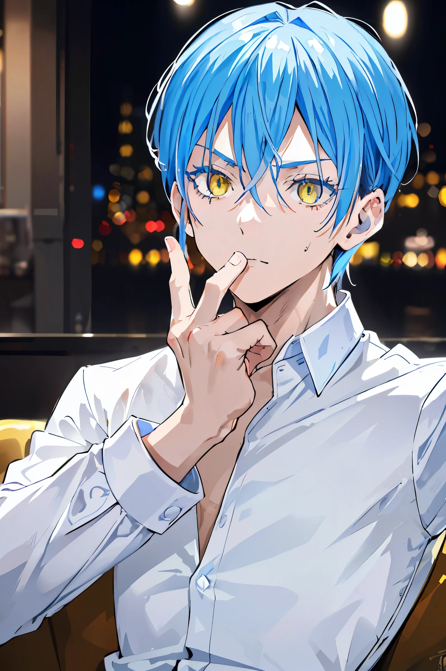 1boy, handsome boy, Perfect body half,(face focus:2), (side face:1), (short blue hair,chin length hairstyle) , (yellow color eyes, realistic eyes,sharp and villain eyes) sexy face, (White men shirt, Half open buttonlack pants, sexy sitting position (Tokyo gang background) 8k, high quilty, realistic, canon 1:1, 50 mm size, 3d, beautiful realistic، Cool details, raw photo, selfie, realistic shirt, realistic hair, Light and cool lighting, photo realistic, Cel shaded, Gel lighting, ultra details