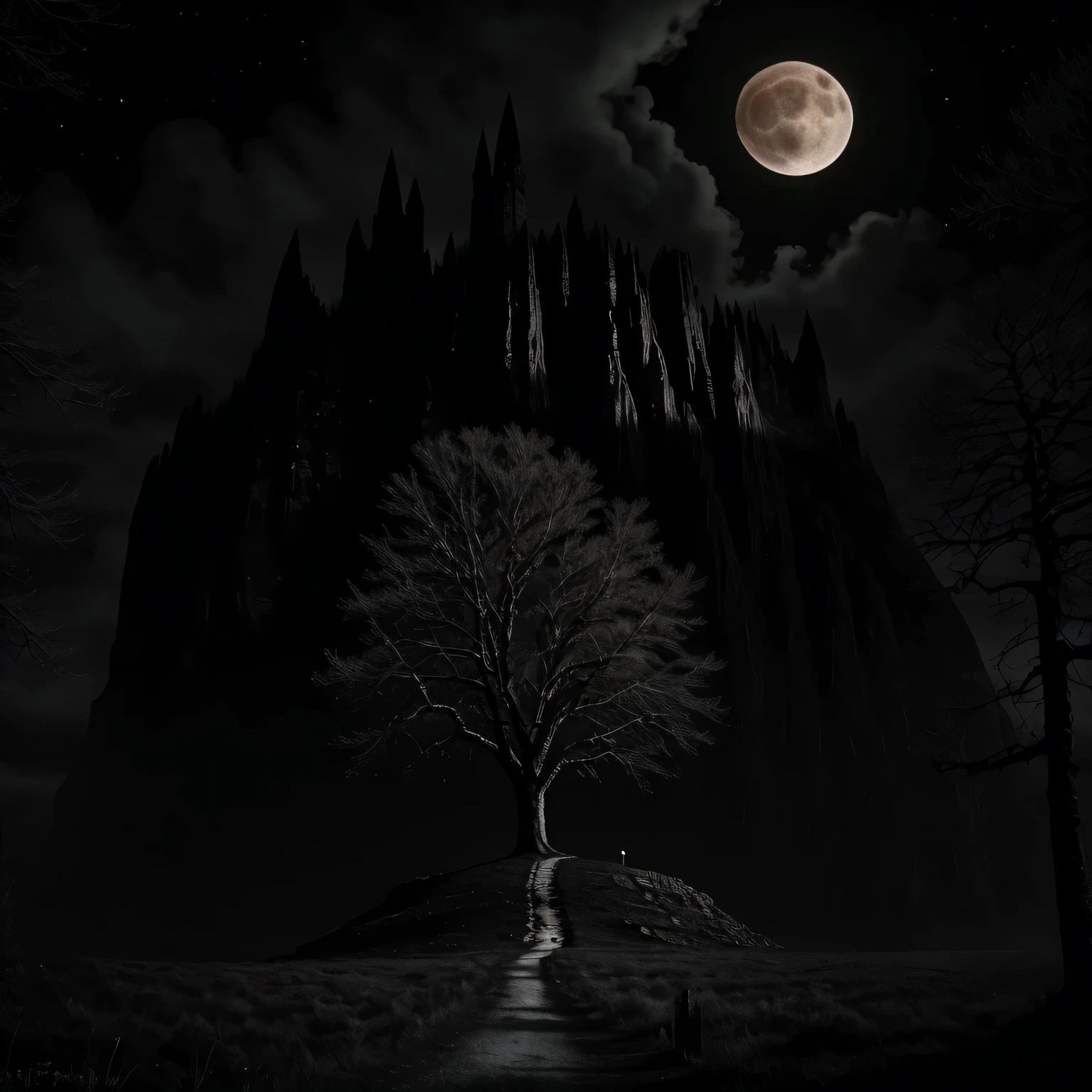 bare mountain, realistic, high quality, sharpness, dark atmosphere, gothic, hysterical, giant moon, creepy trees,