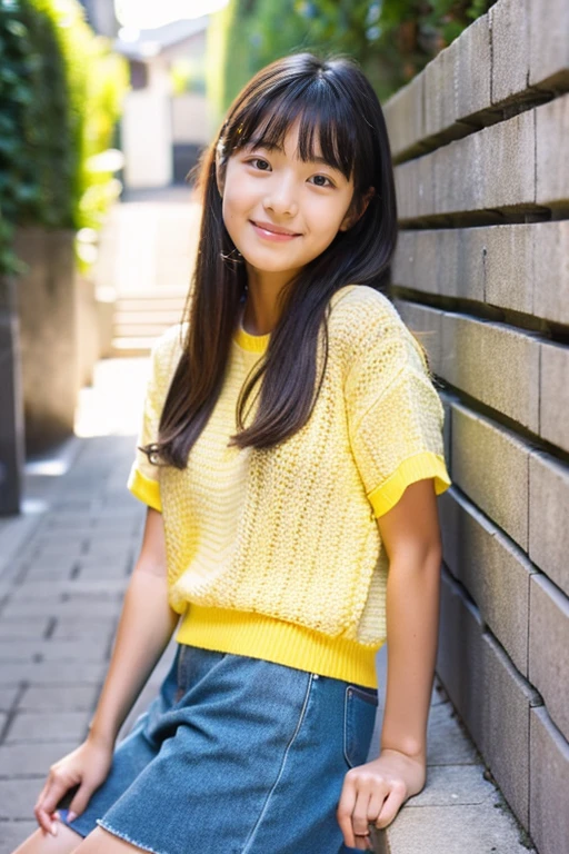 Beautiful girl wearing a yellow summer knit、terraces、、