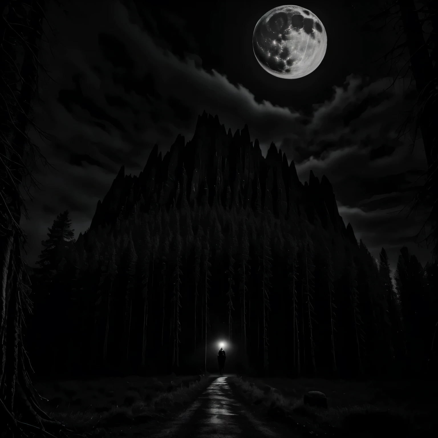 bare mountain, realistic, high quality, sharpness, dark atmosphere, gothic, hysterical, giant moon, creepy trees,