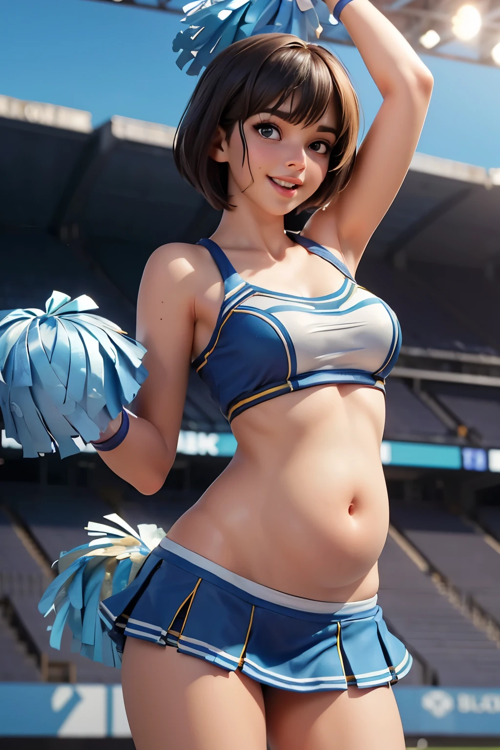 ((Best Quality, 8k, photo realistic:1.4, Masterpiece)), back Lighting, highly detailed facial textures women, 18yo, (((blue Cheerleader:1.2))), ((Stadium Background: 1.2)), arm up, ultra-detailed skin, beautiful make up, detailed shiny black eyes, smile, open mouth, shiny brown messy short hairstyles, squat pose, cowboy shot, pregnant