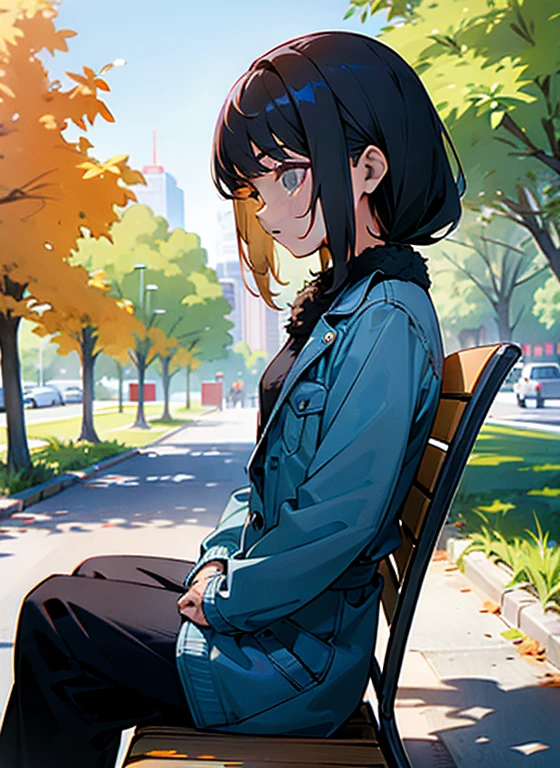 The girl is sitting on a park bench.