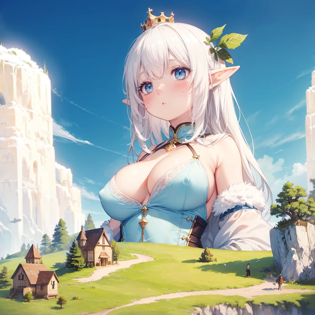 giantess girls in the background, simple background, (dark deep forest:1.1), (giantess:1.1), giantess girls in the background, elfgirl, white hair, huge shiny breasts, bra, (cute princess: 1.2), (giantess:1.2), a giantess looming over a tiny army on a tiny hill, (tiny adventurers: 1.1), (crowds of tiny armies on a tiny cliff in front of a girl: 1.1), (tiny winter village: 1.3), hills, cliffs, mountains, (tiny armies of people on a cliff in front of a giantess breasts: 1.2), (a tiny army on a tiny hill in front of the breasts of a giantess: 1.2), (crowds of tiny armies on a cliff: 1.1), (adult woman: 1.2), (cute mature woman: 1.2), very detailed, beautiful, professionally drawn, cameltoe, bright sky, shiny detailed breasts, (erect nipples: 1.1)