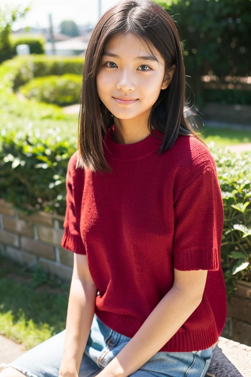 A beautiful girl wearing a red summer knit、terraces、15yo student、