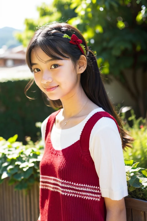 A beautiful girl wearing a red summer knit、terraces、 student、