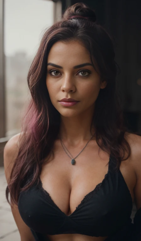 1girl, solo, jewelry, breasts, necklace, cleavage, realistic, black hair, dark braun eyes, looking at viewer, lips, no makeup, long curly hair, double messy bun hair style, upper body, pink hair,slate atmosphere, cinematic, dimmed colors, dark shot, muted colors, film grainy, lut, insane details, intricate details, seductive, looking behind, large breast (highly detailed face:1.4) (smile:0.7) (background inside dark, moody, private study:1.OV, by lee jeffries, nikon d850, film stock photograph ,4 kodak portra 400 ,camera f1.6 lens ,rich colors ,hyper realistic ,lifelike texture, dramatic lighting , cinestill 800,