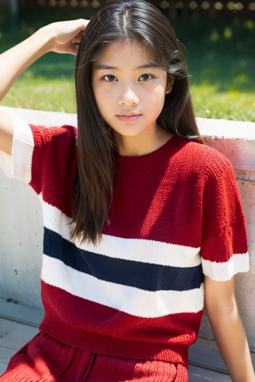 A beautiful girl wearing a red summer knit、terraces、15yo student、Spinning、