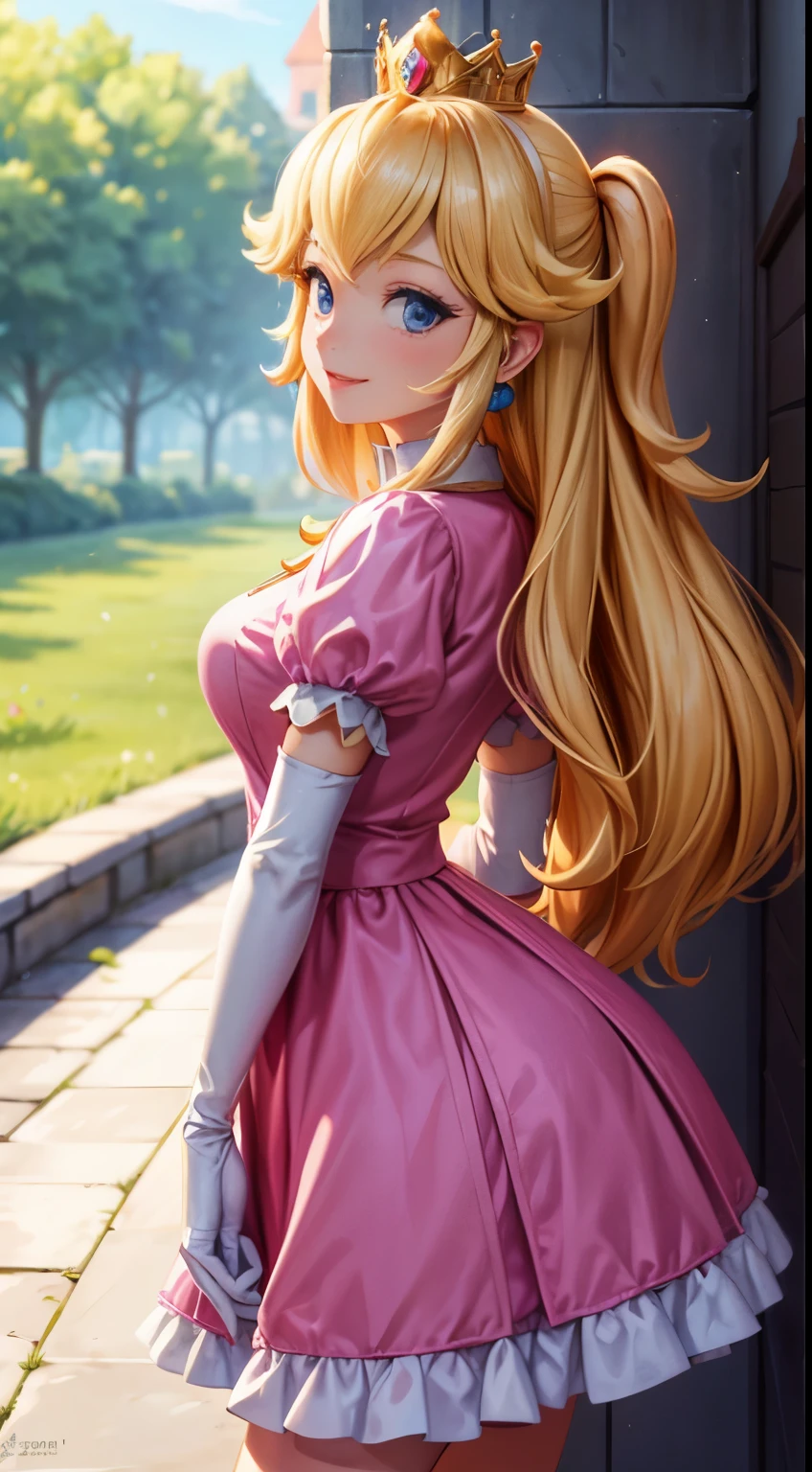 (Outside with beuatifull greenery,)  A petite Princess Peach wearing a gorgeous pink polo shirt along with a short white skirt, she is gentle and compassionate and is shown smiling gently, she is over 6 feet tall and wears a golden crown atop her blond hair and white golfing gloves. With a focus on her large alluring chest, ( large chested), she is depicted in a close-up shot from below, peach shaped butt.