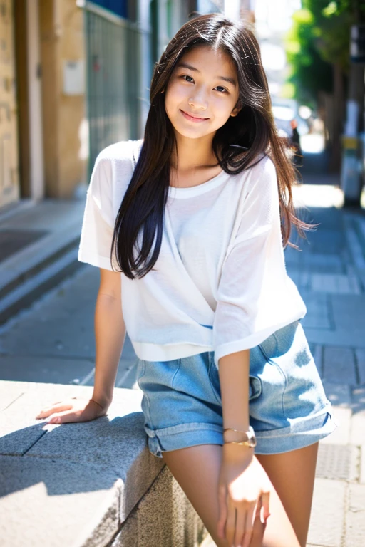 Beautiful girl wearing summer knit、terraces、15yo student、Spinning、