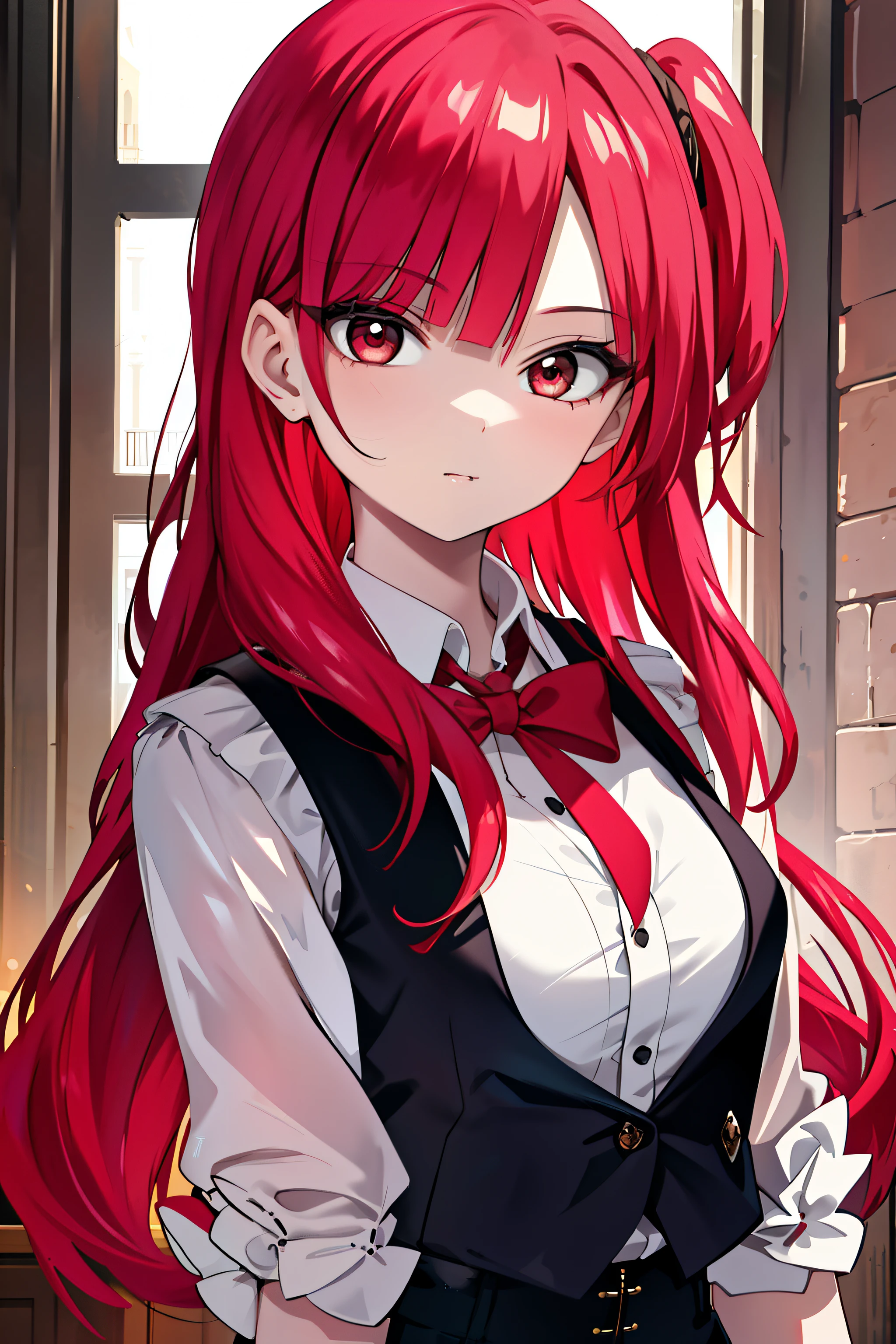 Masterpiece, Best quality, High quality, 1girll, Solo, view the viewer, Upper body, Mojana_maggie, 1girll, Red hair, Long hair, Red eyes, vests,（cropped shoulders：1.artly_Unbuttoned：1.2）