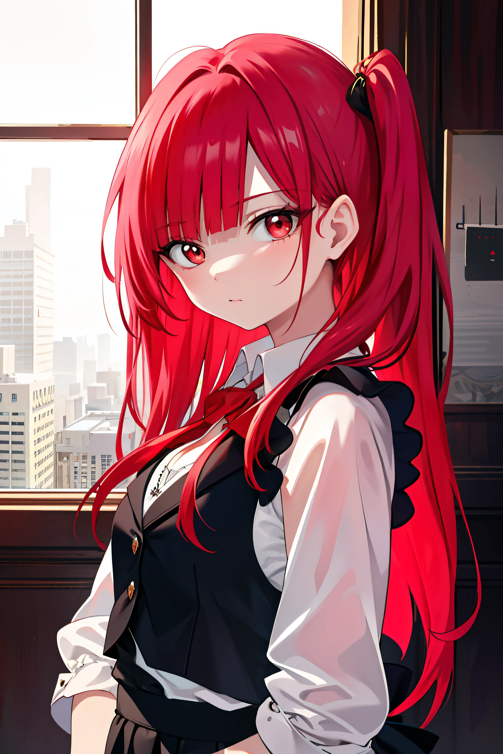 Masterpiece, Best quality, High quality, 1girll, Solo, view the viewer, Upper body, Mojana_maggie, 1girll, Red hair, Long hair, Red eyes, vests,（cropped shoulders：1.artly_Unbuttoned：1.2）