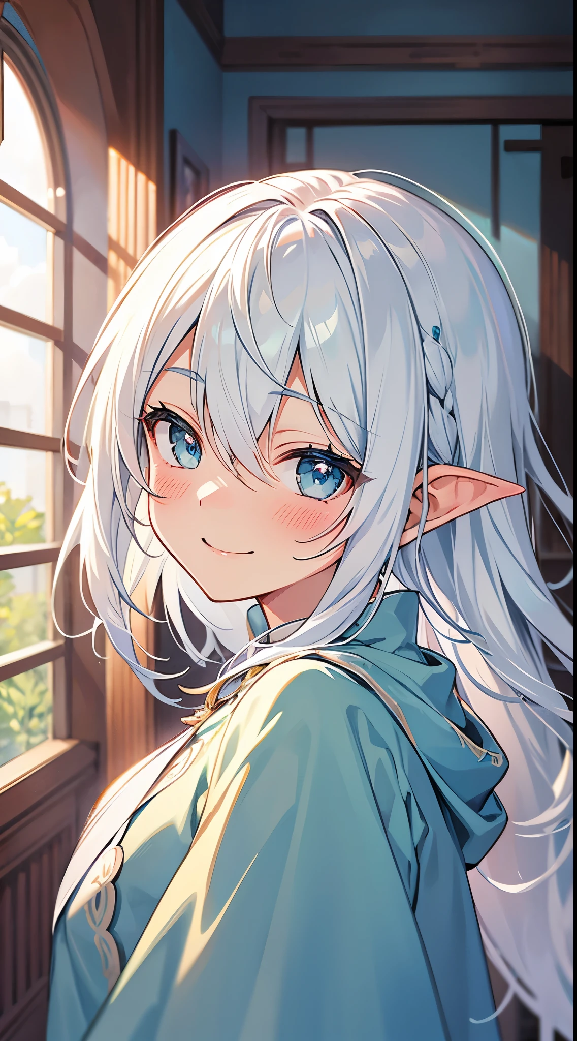 [[[ ultra-detailed, best quality, soft skin, beautiful]]], portrait, viridian eyes, white hair, undine, mage robes, room background, smiling, blushing.