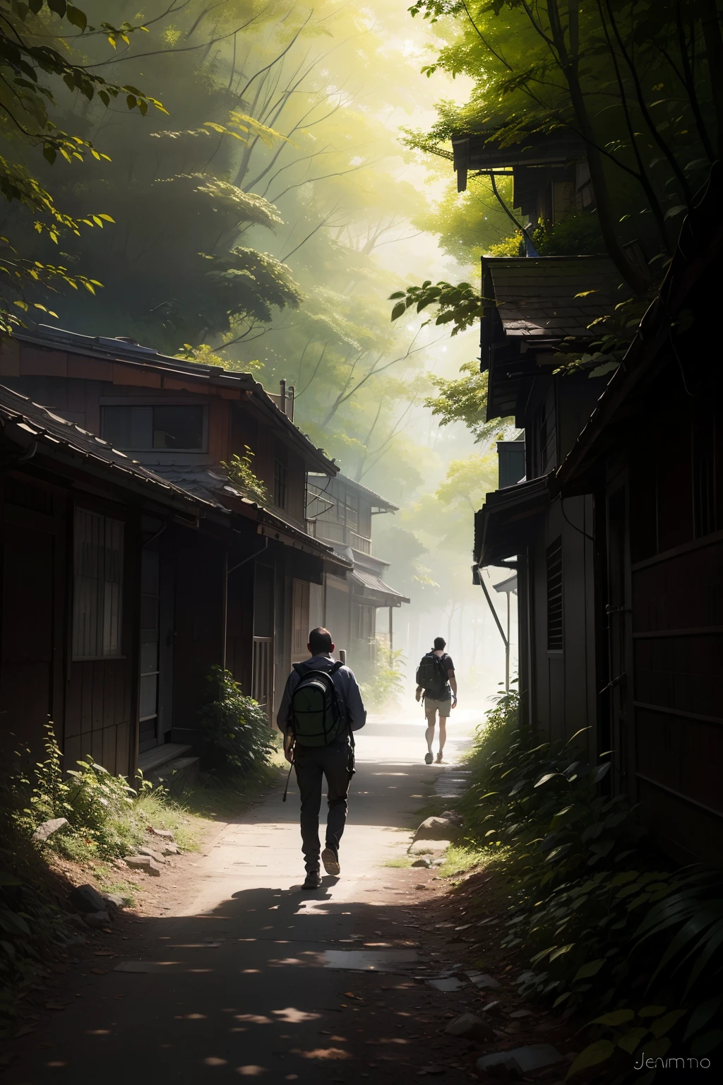 (obra-prima) RAW altamente detalhado, a man with a backpack is walking down a clear alley in a long, leafy forest ,no fim do caminho um luz forte branca em forma de bola, estilo hassanfantasy, por Jeremy Mann e Donato Giancola ultra realista altamente detalhado intrincado fotorrealista