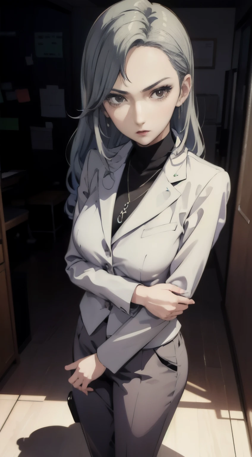 (((masterpiece))) Sae Niijima, wearing an office lady suit, long pants, in an office, standing, serious looks, bright