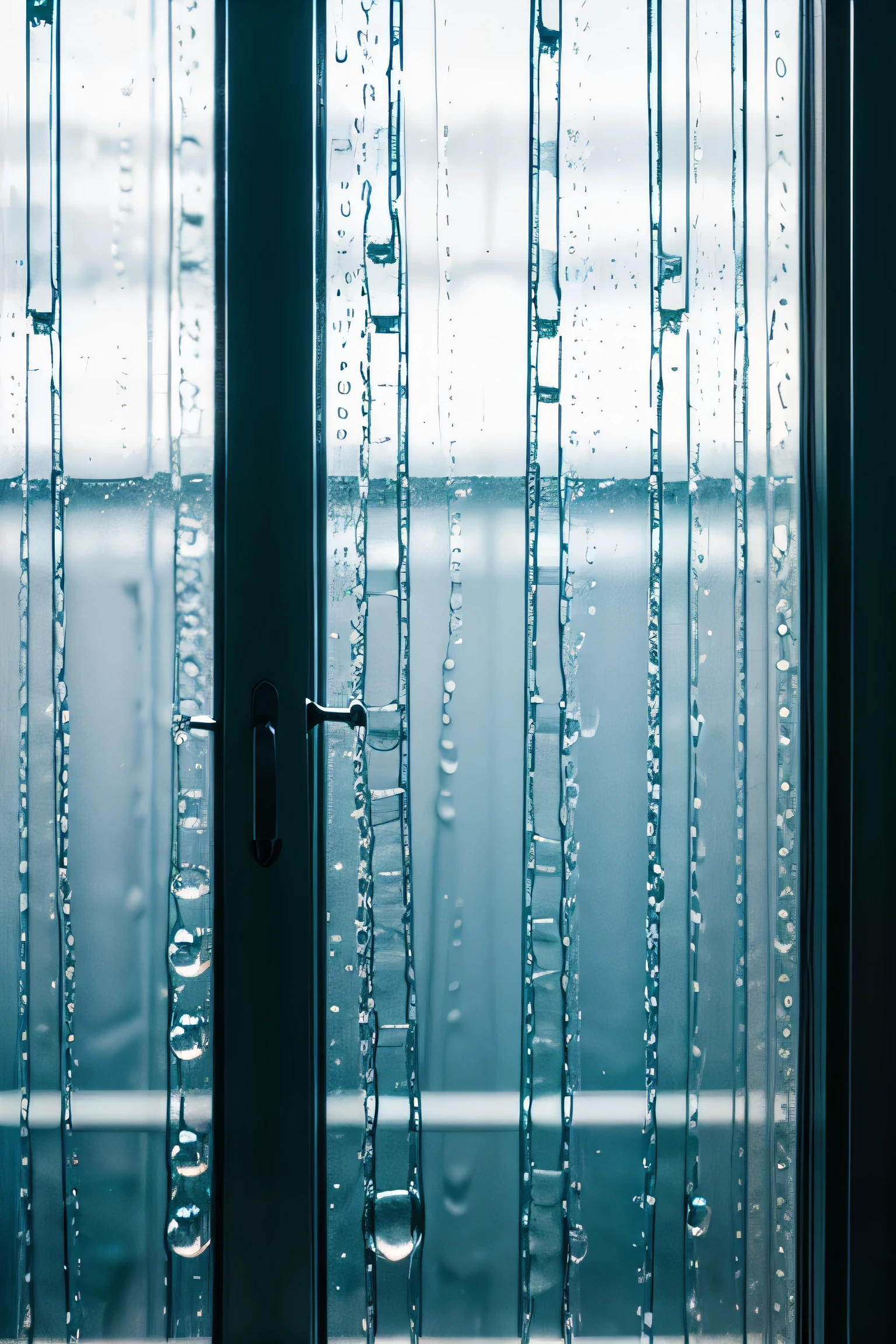 window with drops of water running down and forming vertical bars