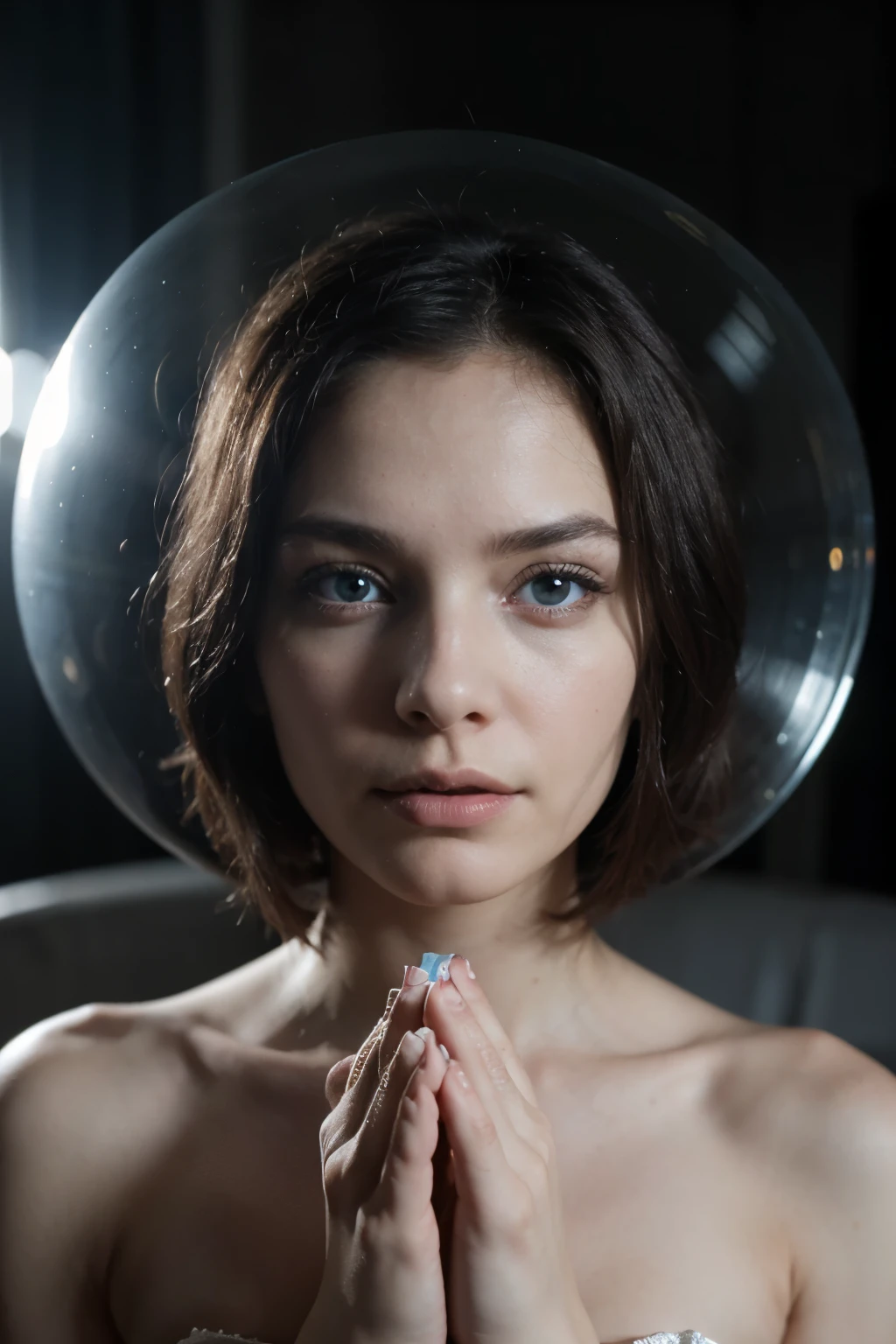 image of an Arcturian, extraterrestrial being. Skin is generally blue, giving off a subtle glow. eyes are large and expressive, with a blue color. Hands in prayer position.