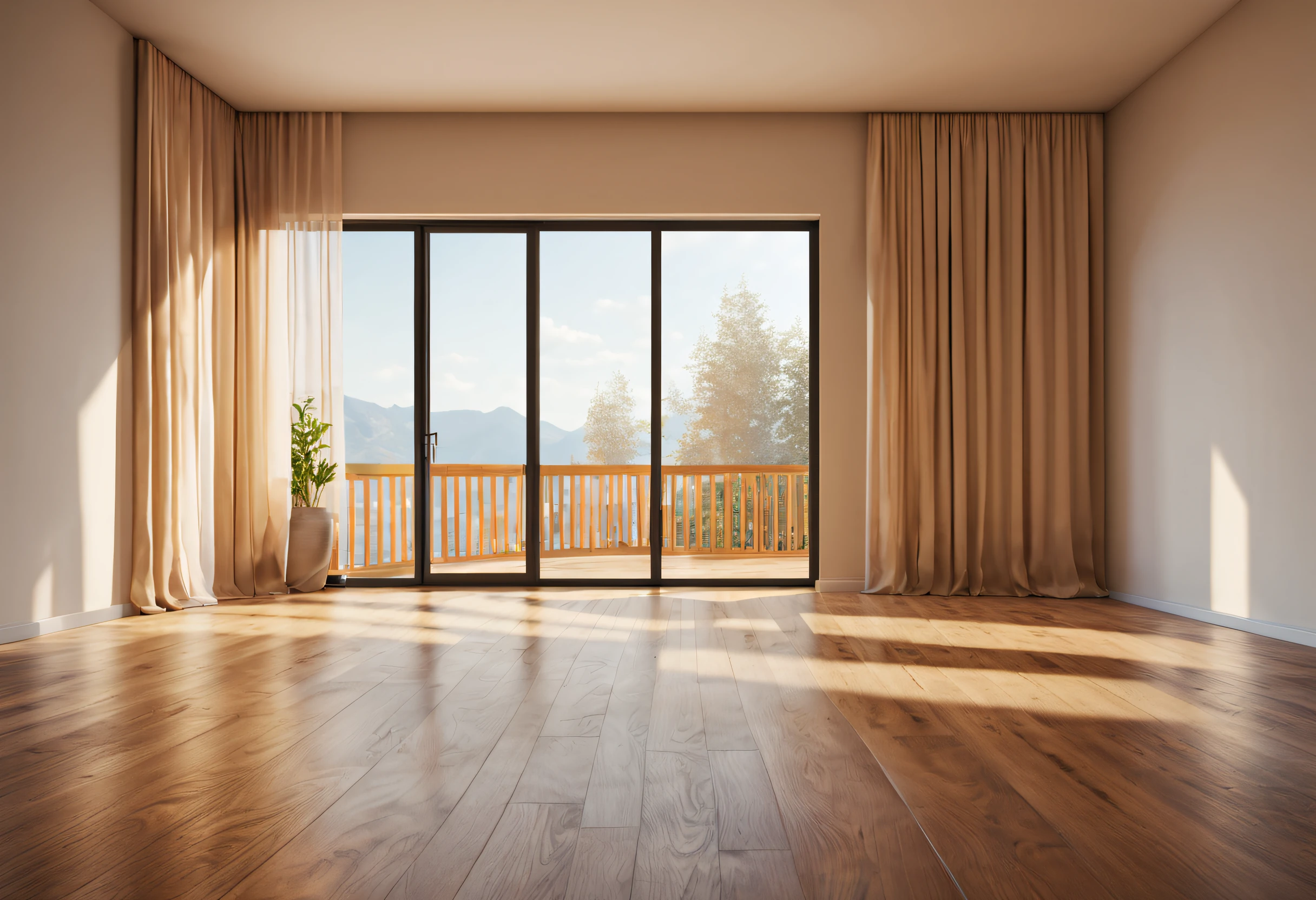 best quality, 4k, 8k, high resolution, masterpiece: 1.2, ultra detailed, realistic: 1.37, empty room, window on the back wall, spacious room, high ceiling, soft curtains floating in the breeze, natural light, airy atmosphere, vibrant colors, relaxing color palette, warm and welcoming atmosphere, subtle shadows, shiny wooden floor, impeccable cleanliness,